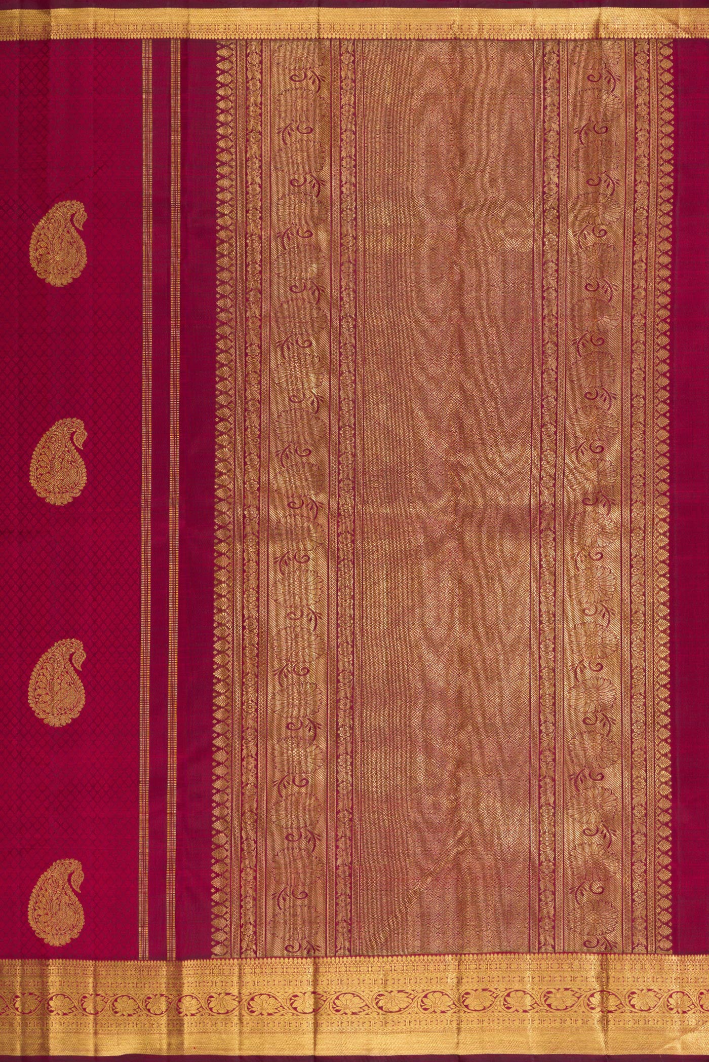 Close up image of the pallu of Pure Silk Pure Zari Maroon Kanjivaram Saree with Jacquard With Zari Butta on the body and Zari Border. 