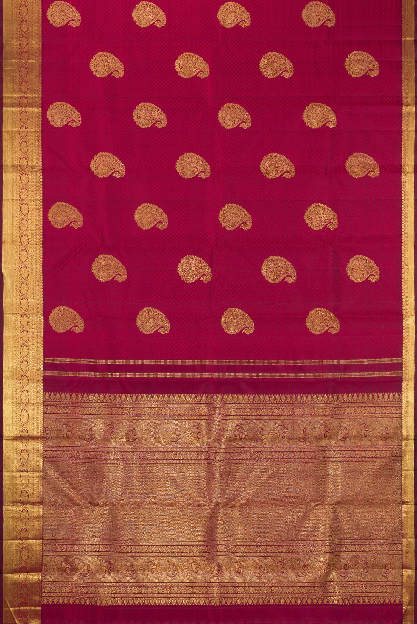 Flat view of Pure Silk Pure Zari Maroon Kanjivaram Saree with Jacquard With Zari Butta on the body and Zari Border. 