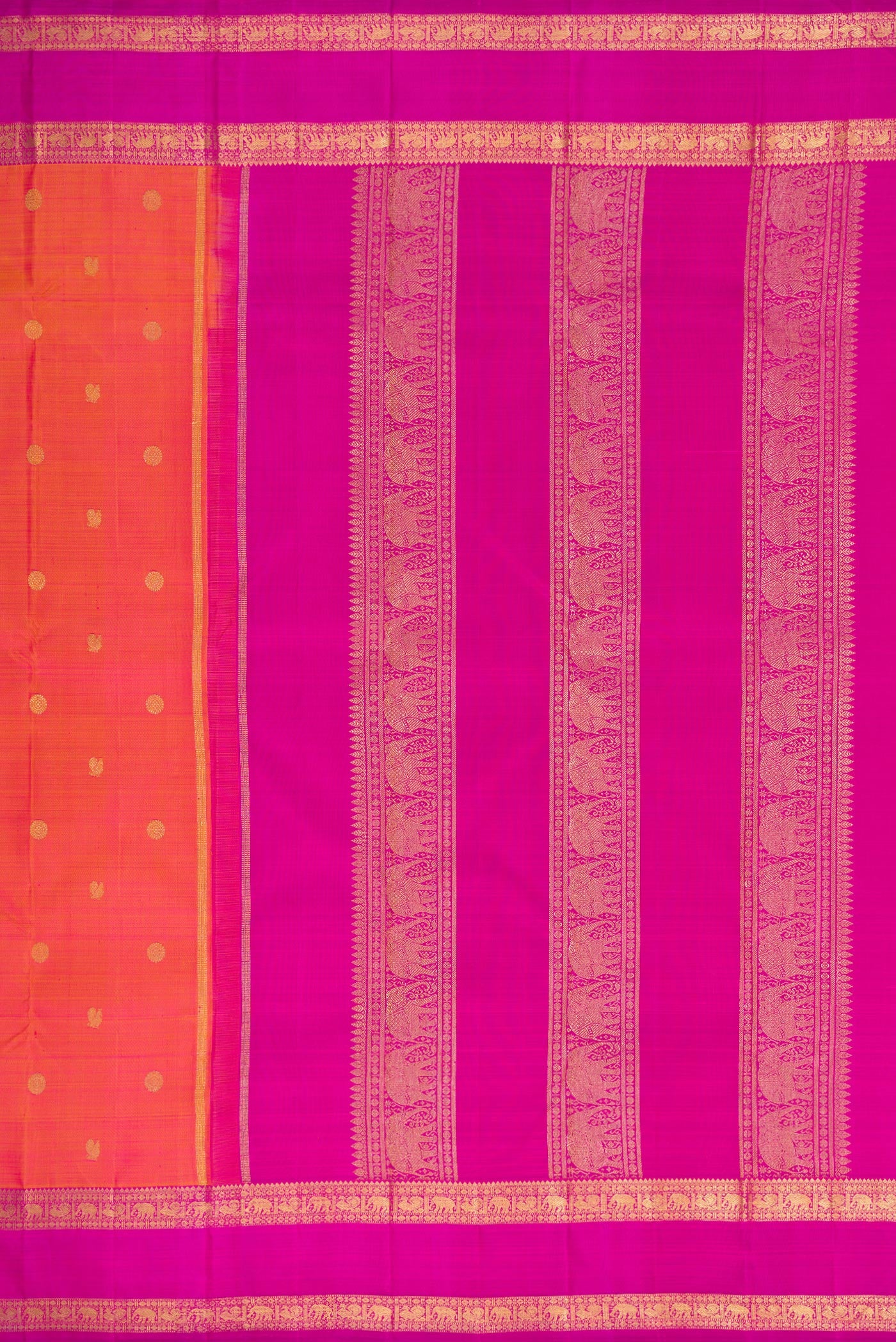 Close up image of the pallu of Pure Silk Pure Zari Coral Dual Tone Kanjivaram Saree with Zari Butta on the body and Zari Border. 