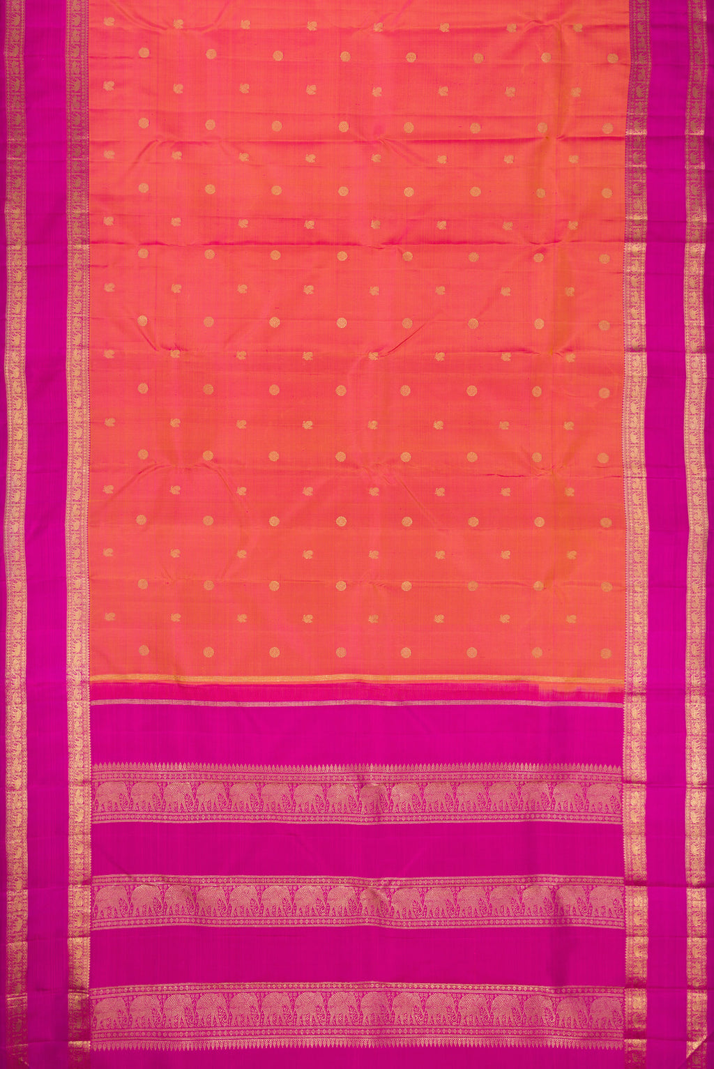 Flat view of Pure Silk Pure Zari Coral Dual Tone Kanjivaram Saree with Zari Butta on the body and Zari Border. 