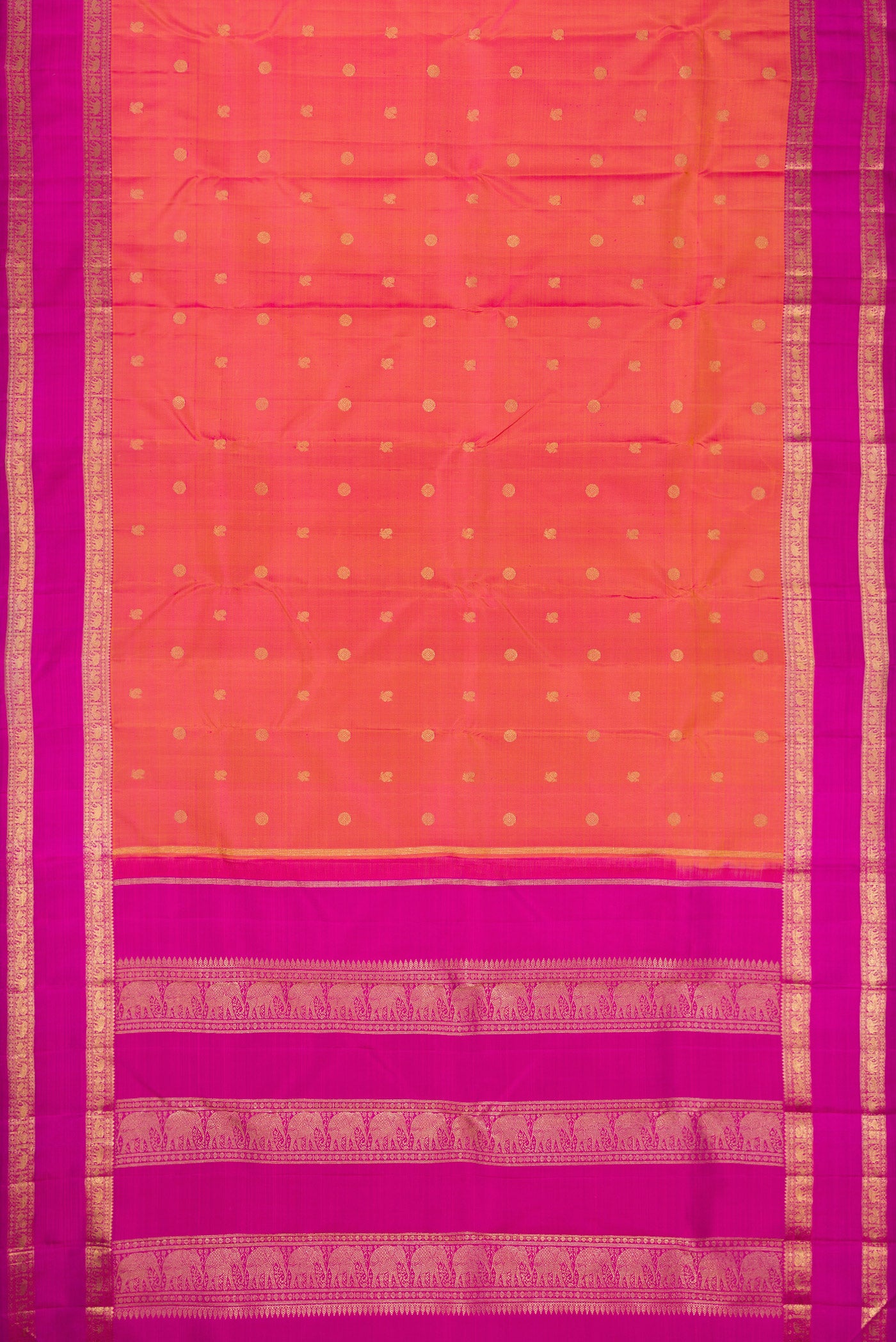 Flat view of Pure Silk Pure Zari Coral Dual Tone Kanjivaram Saree with Zari Butta on the body and Zari Border. 