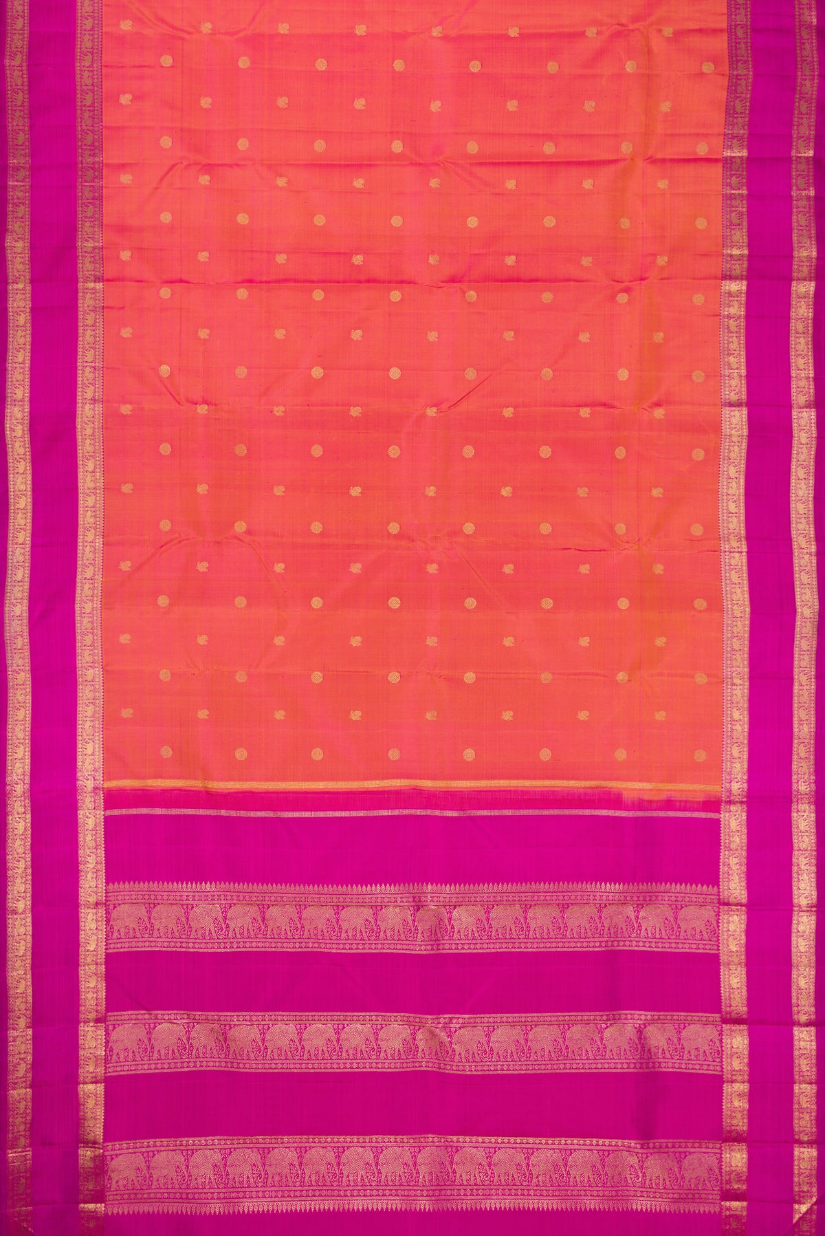 Flat view of Pure Silk Pure Zari Coral Dual Tone Kanjivaram Saree with Zari Butta on the body and Zari Border. 