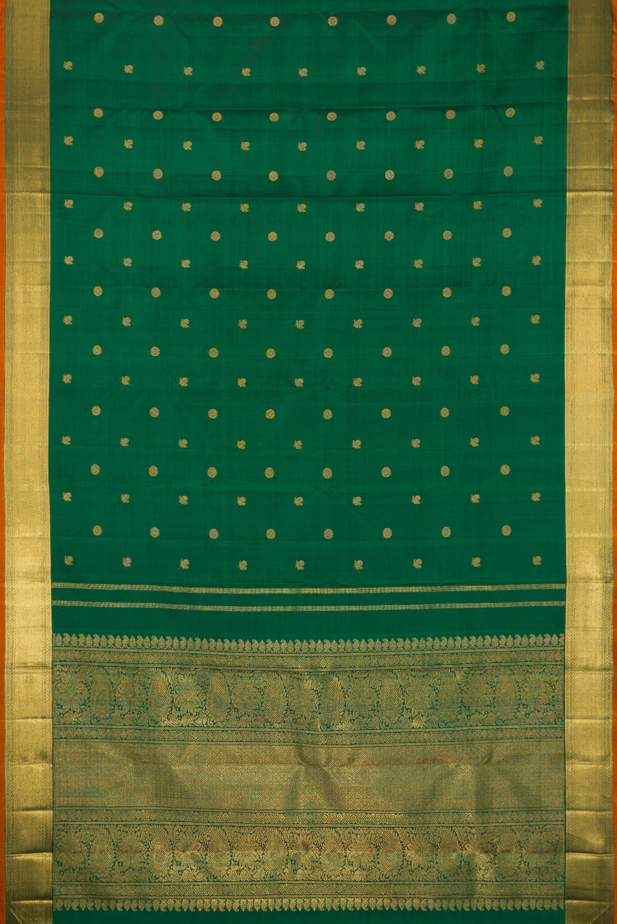 Flat view of Pure Silk Pure Zari Green Dual Tone Kanjivaram Saree with Zari Butta on the body and Zari Border. 