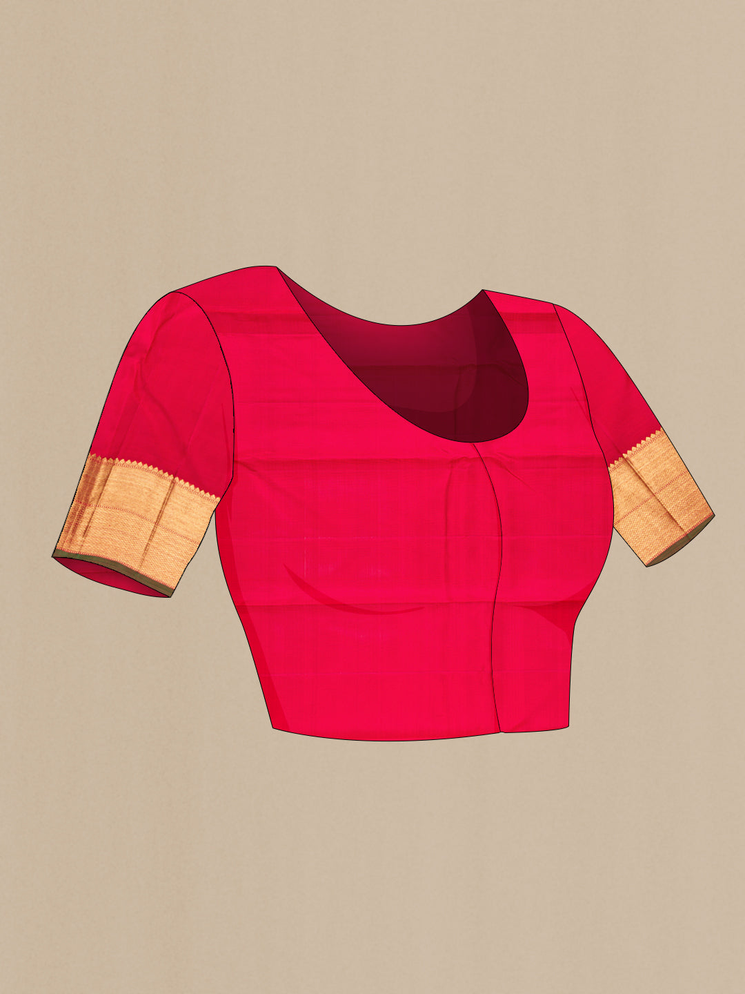 Close up image of the blouse of Pure Silk Pure Zari Red Dual Tone Kanjivaram Saree with Zari Butta on the body and Zari Border. 