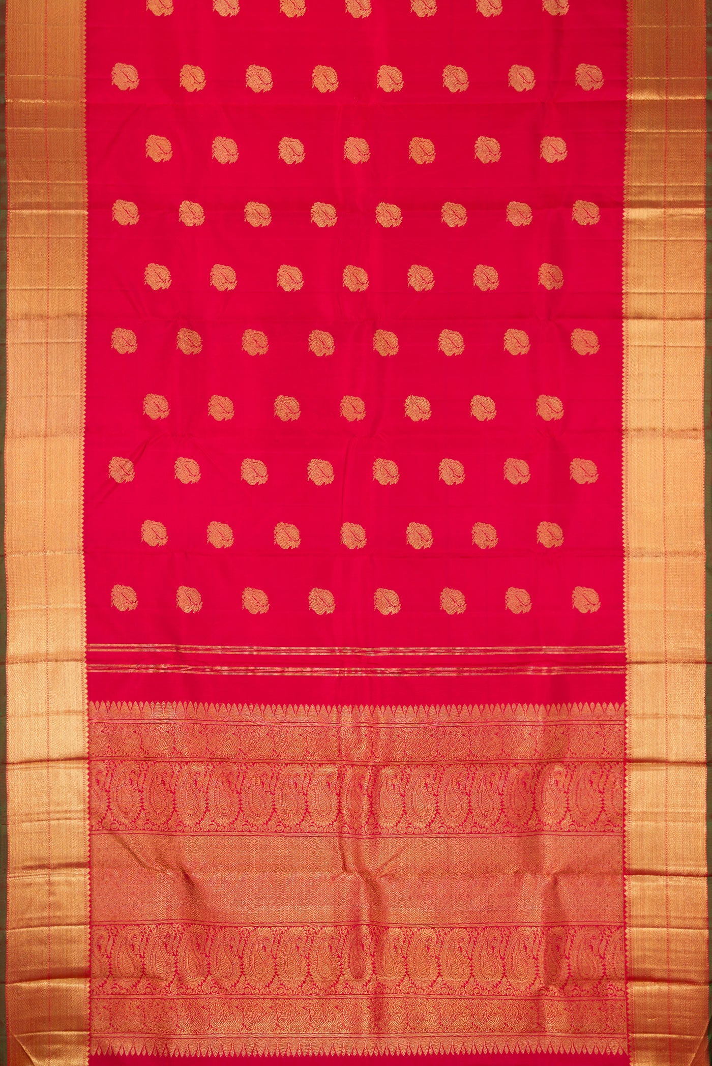 Flat view of Pure Silk Pure Zari Red Dual Tone Kanjivaram Saree with Zari Butta on the body and Zari Border. 