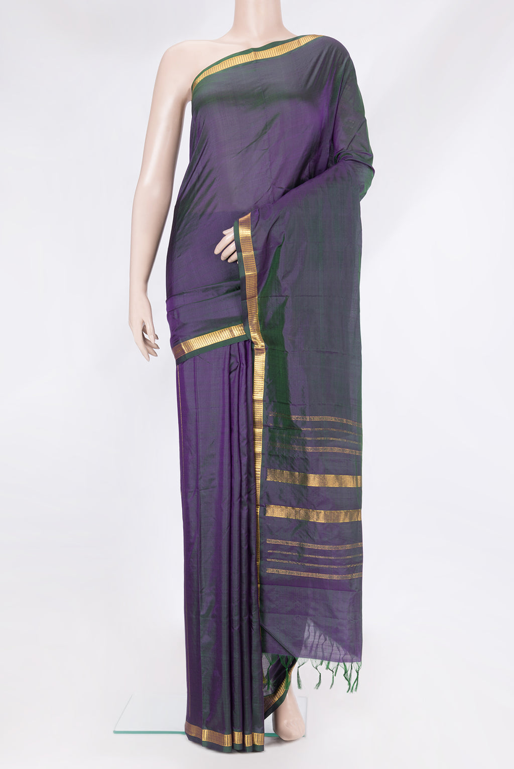 Peacock Blue Dual Tone Kanjivaram Silk Saree with Plain Body and Zari Border.  displayed on a mannequin