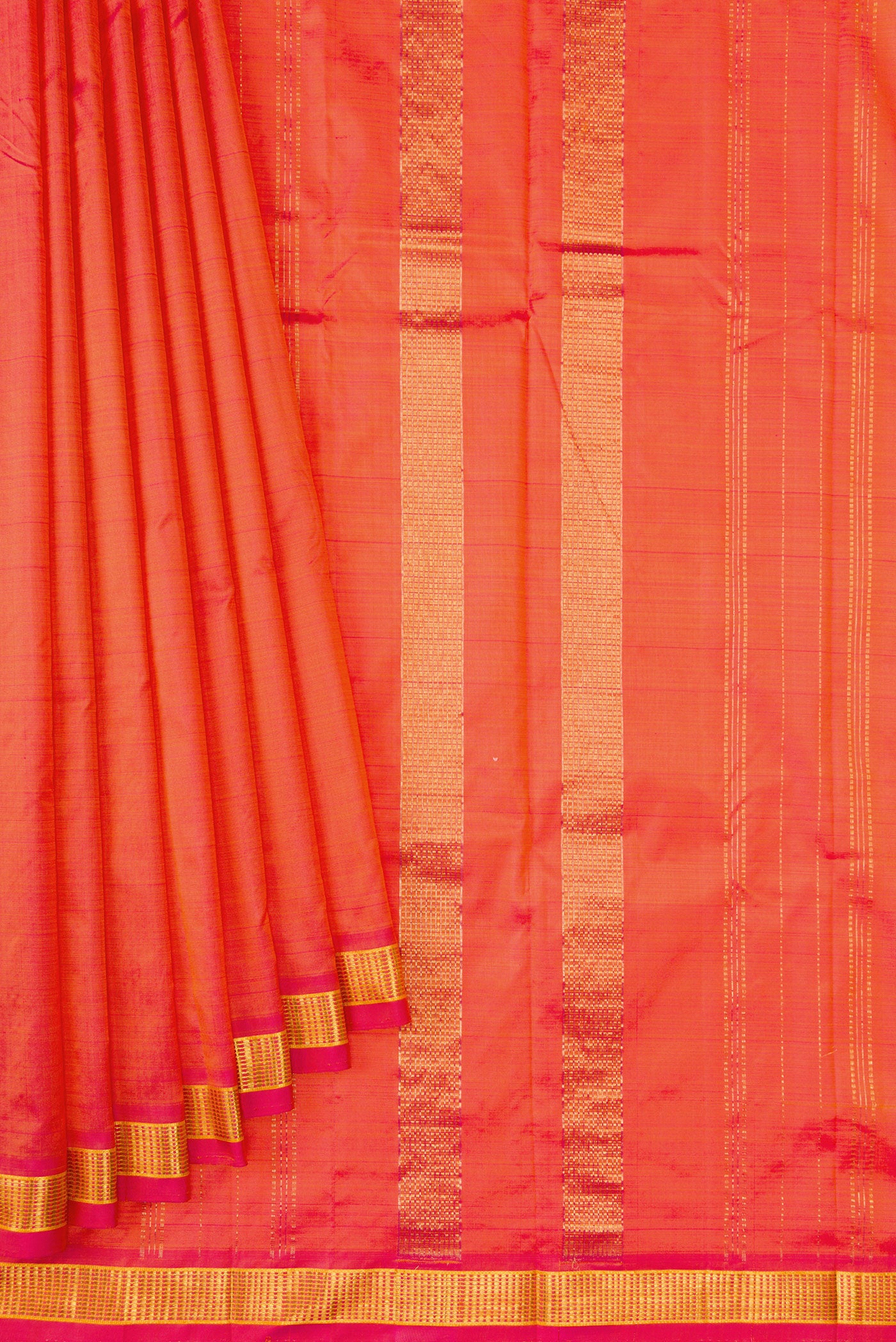 Pleats and pallu of Coral Dual Tone Kanjivaram Silk Saree with Plain Body and Zari Border. 