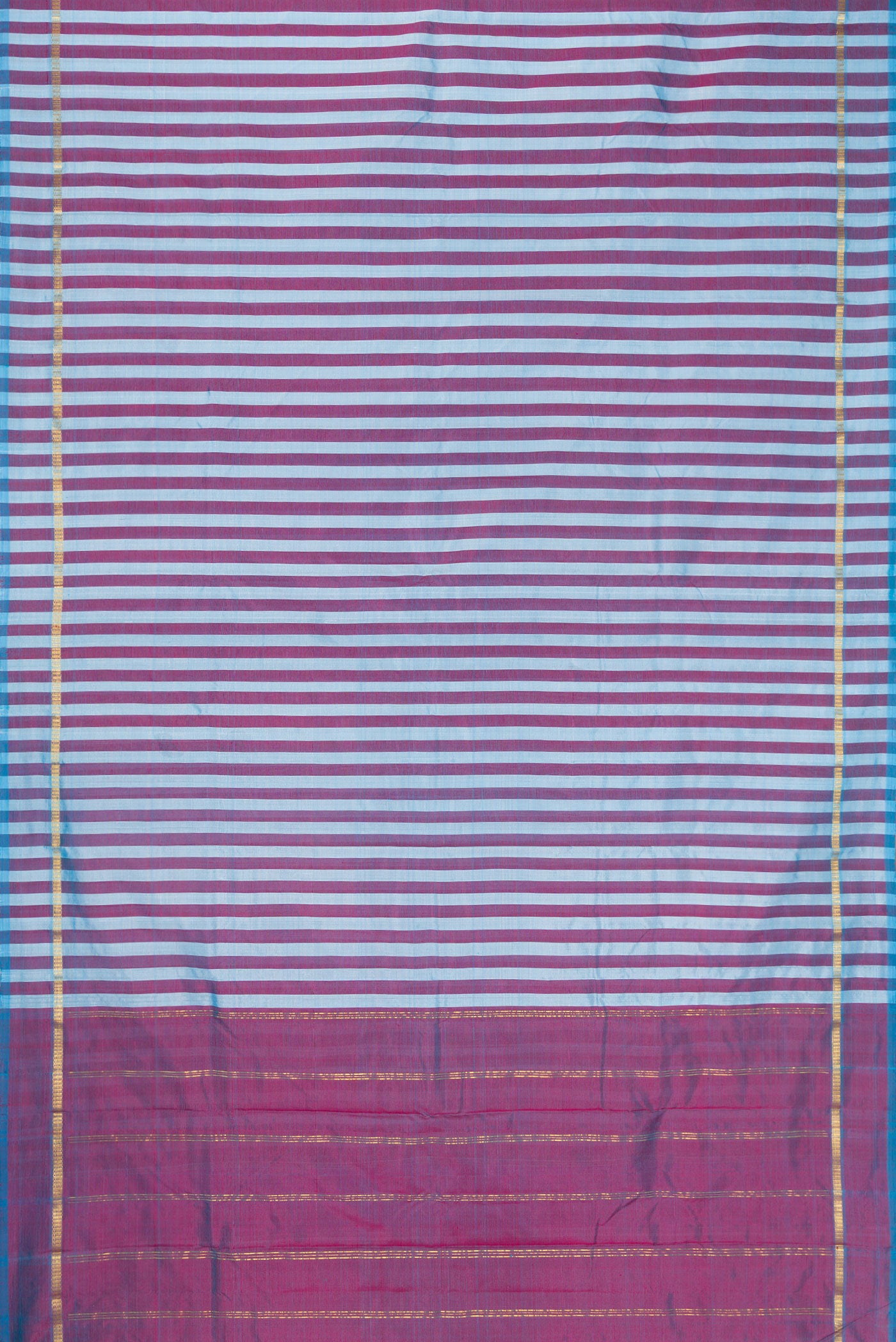 Flat view of Blue and Maroon Color Kanchipuram Silk Saree with Stripes on the body and Zari Border. 