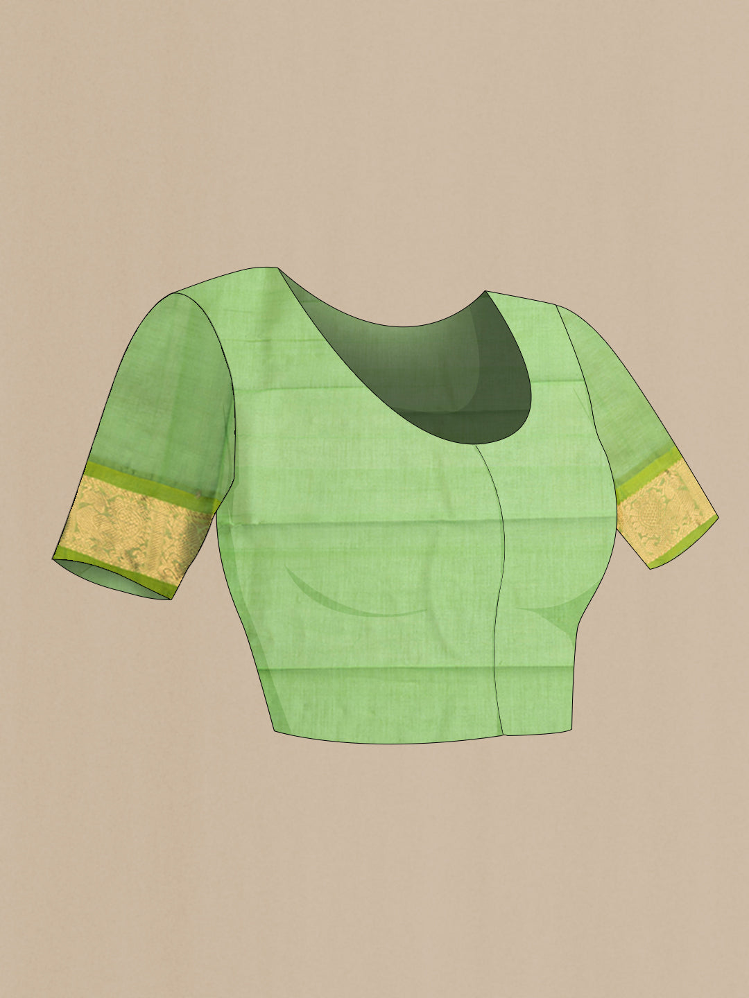 Close up image of the blouse of Grey Silk Cotton Saree with Zari Butta on the body and Zari Border. 