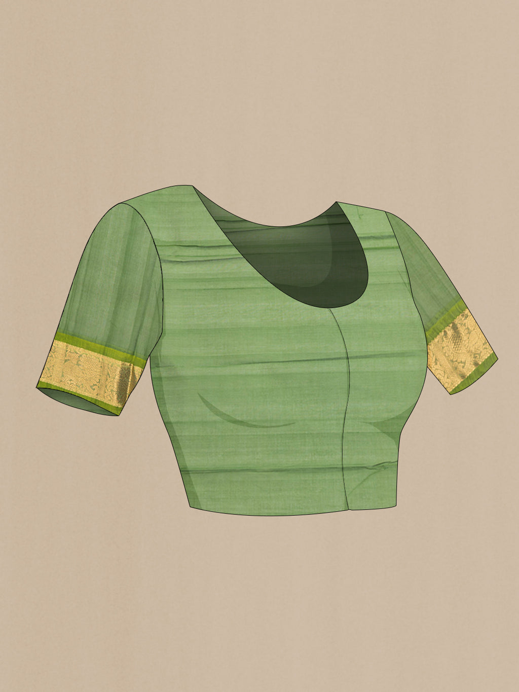 Close up image of the blouse of Mehandi Green Dual Tone Silk Cotton Saree with Zari Butta on the body and Zari Border. 