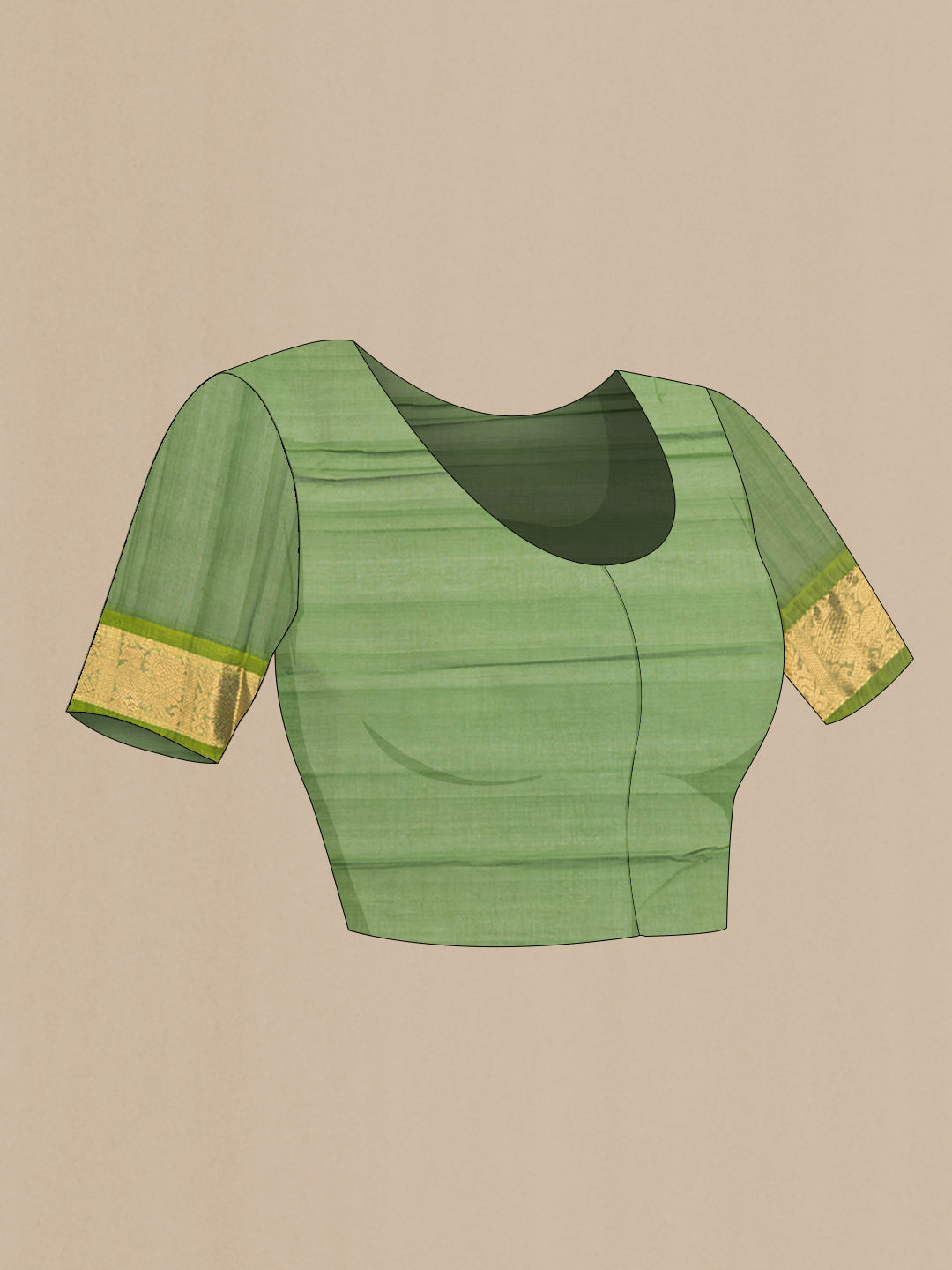 Close up image of the blouse of Mehandi Green Dual Tone Silk Cotton Saree with Zari Butta on the body and Zari Border. 