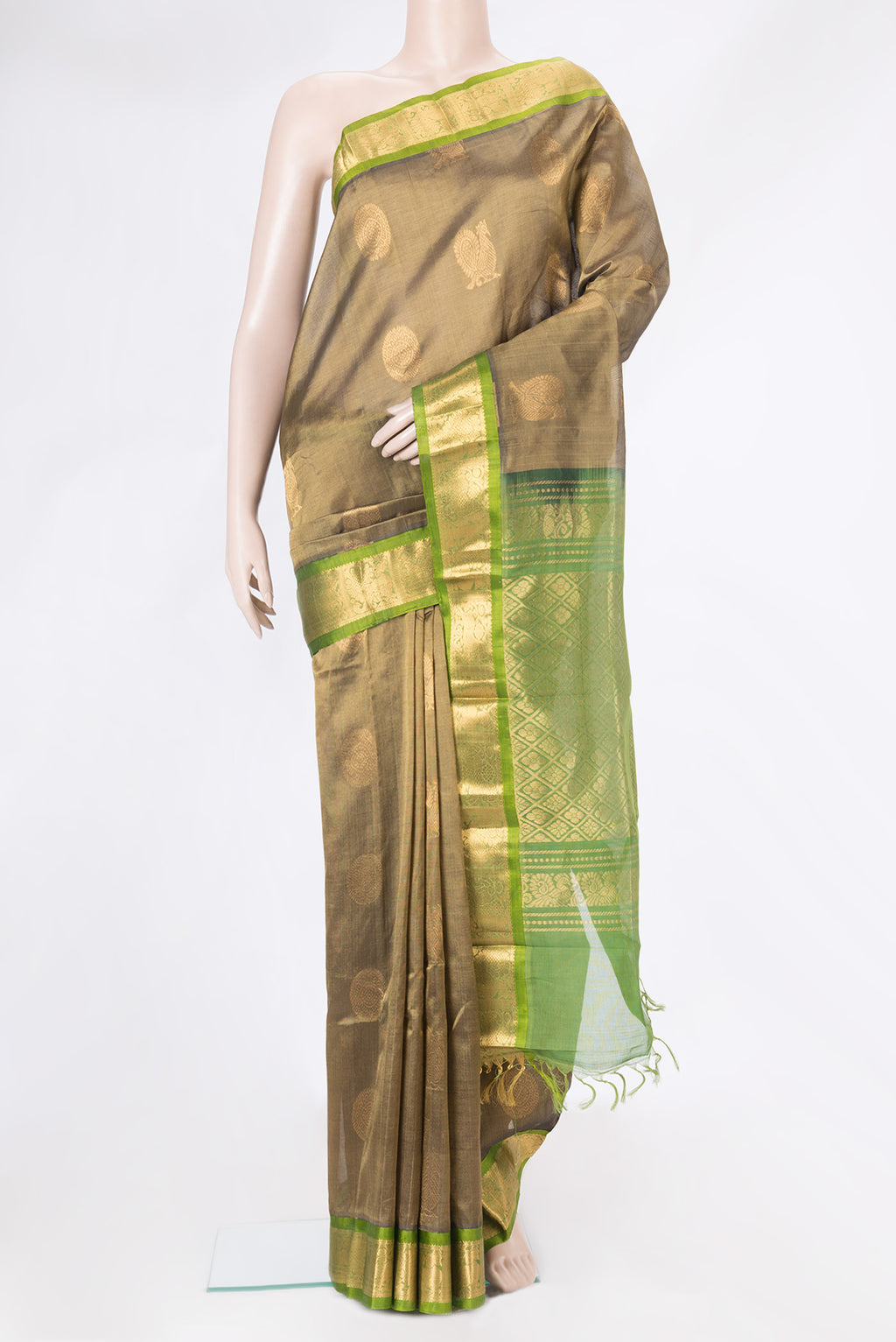 Mehandi Green Dual Tone Silk Cotton Saree with Zari Butta on the body and Zari Border.  displayed on a mannequin
