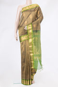 Mehandi Green Dual Tone Silk Cotton Saree with Zari Butta on the body and Zari Border.  displayed on a mannequin