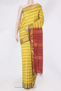 Yellow Silk Cotton Saree with Stripes on the body and Zari Border.  displayed on a mannequin