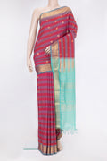 Multi Color Silk Cotton Saree with Stripes on the body and Zari Border.  displayed on a mannequin