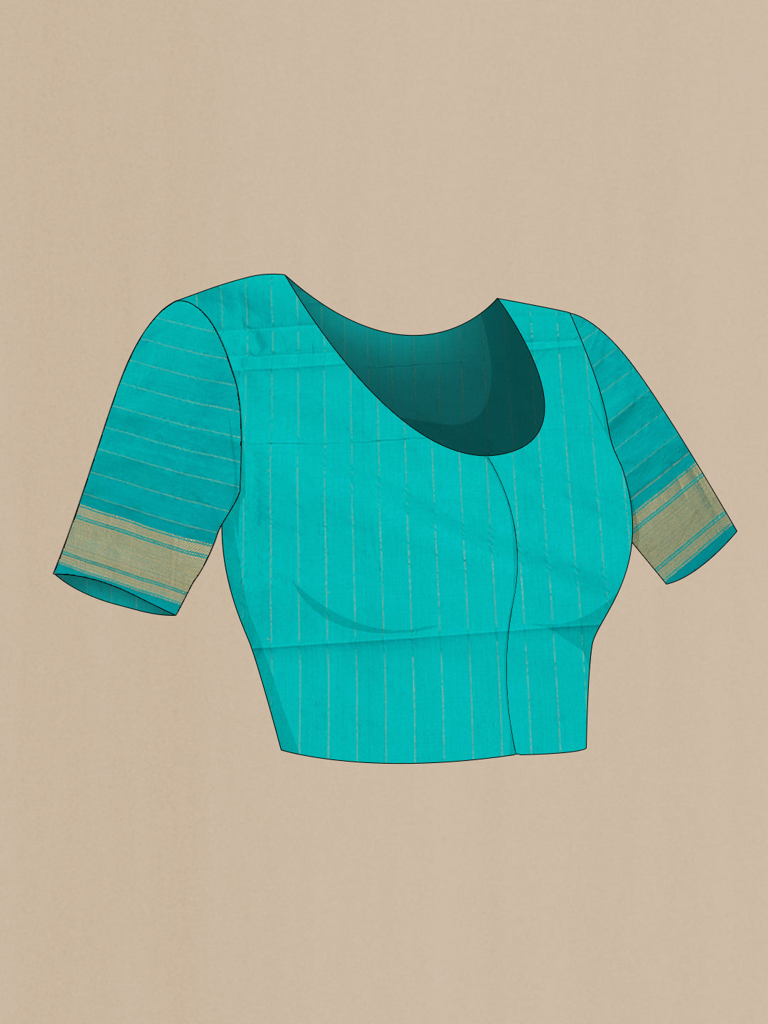 Close up image of the blouse of Brown Silk Cotton Saree with Stripes on the body and Zari Border. 