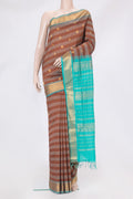Brown Silk Cotton Saree with Stripes on the body and Zari Border.  displayed on a mannequin