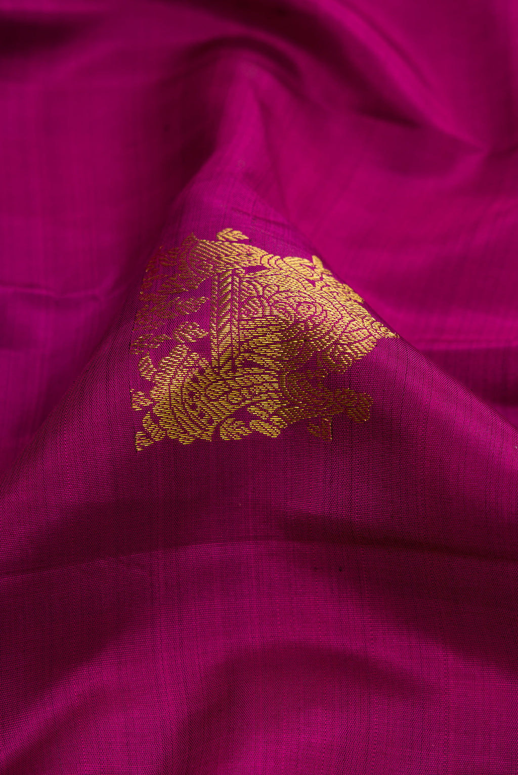 Close up of Magenta Dual Tone Kanjivaram Silk Saree with Zari Butta on the body and Zari Border.  displaying folds