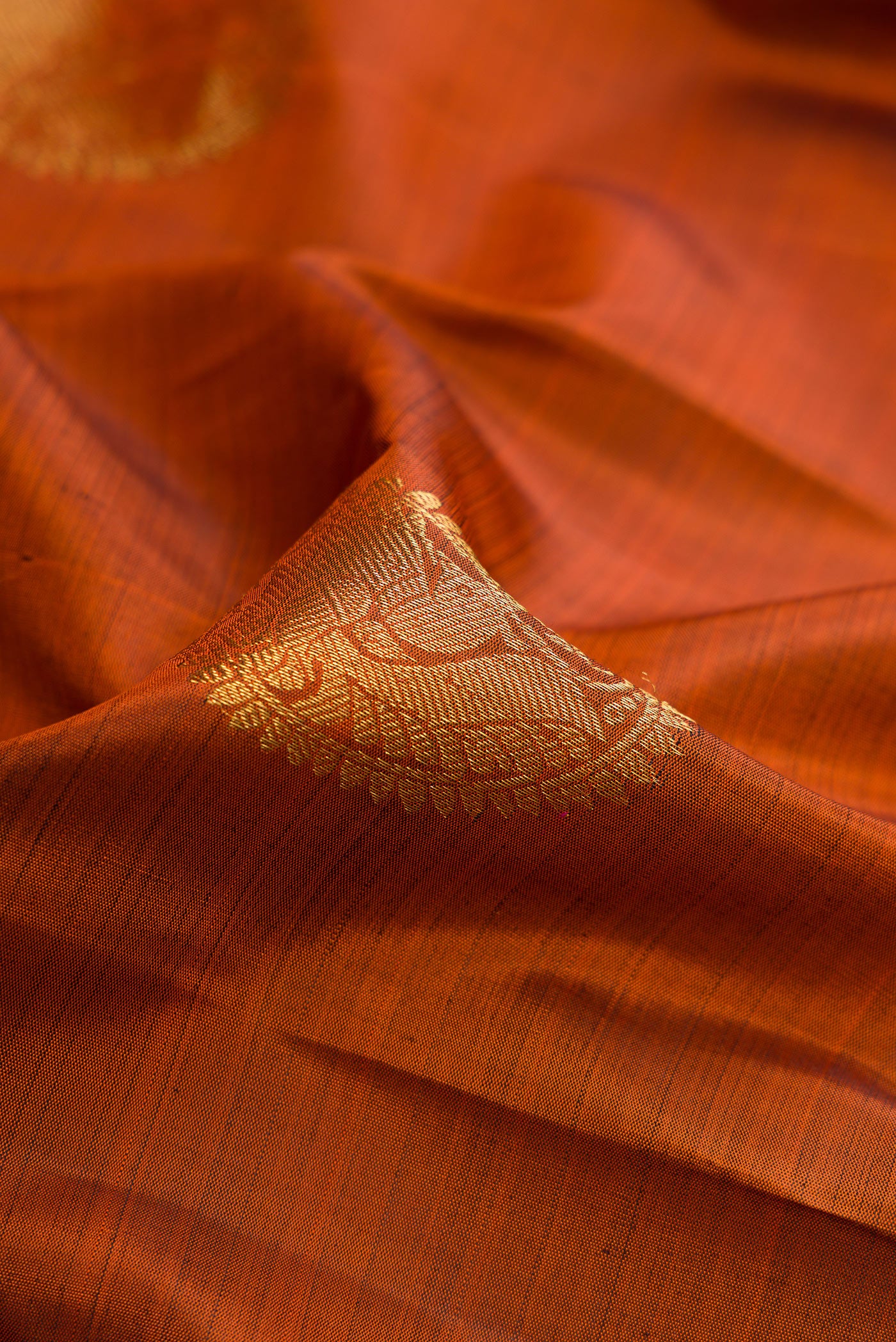 Close up of Brick Orange Kanjivaram Silk Saree with Zari Butta on the body and Zari Border.  displaying folds