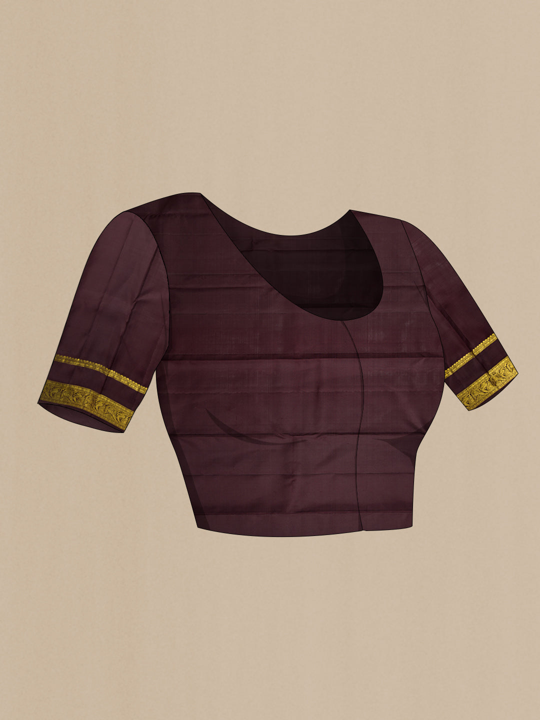 Close up image of the blouse of Maroon Kanjivaram Silk Saree with Zari Butta on the body and Zari Border. 