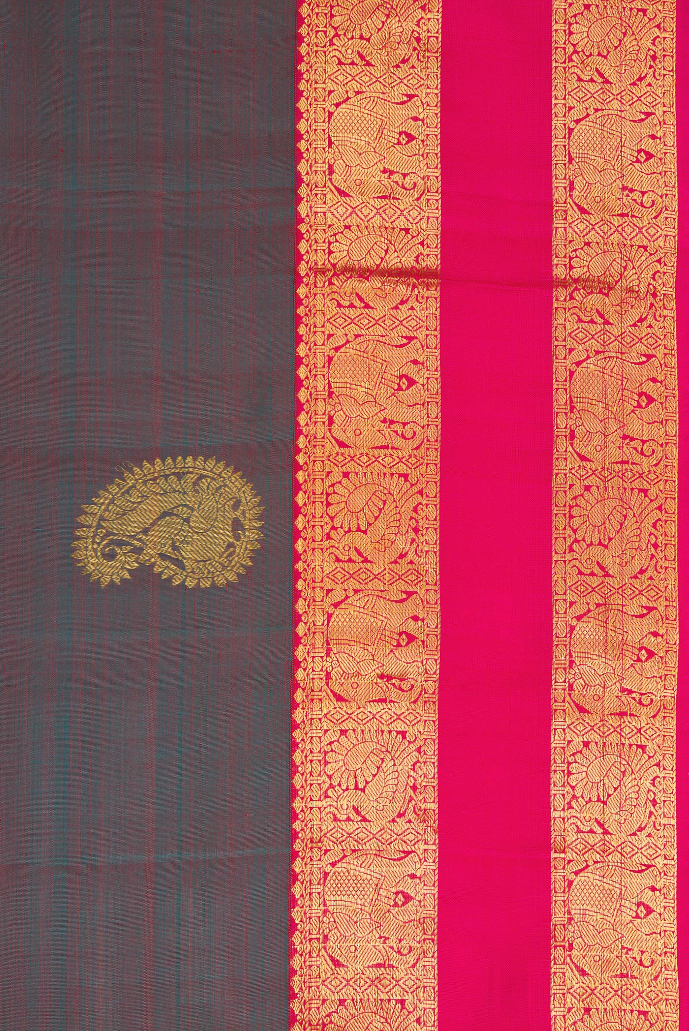 Border image of Mehandi Green Dual Tone Kanjivaram Silk Saree with Zari Butta on the body and Zari Border. 