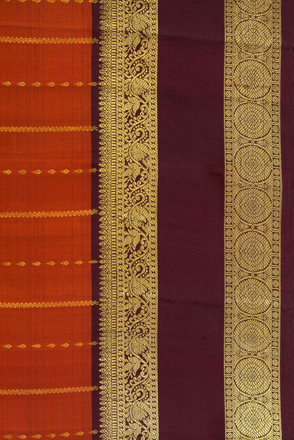 Border image of Brick Orange Dual Tone Kanjivaram Silk Saree with Stripes on the body and Zari Border. 