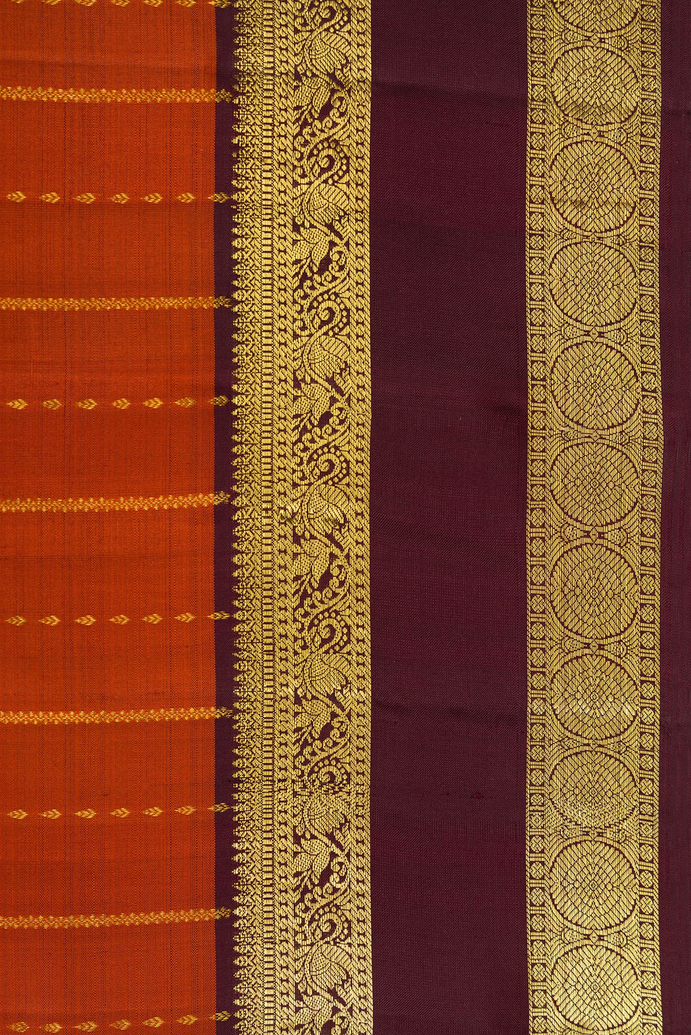 Border image of Brick Orange Dual Tone Kanjivaram Silk Saree with Stripes on the body and Zari Border. 