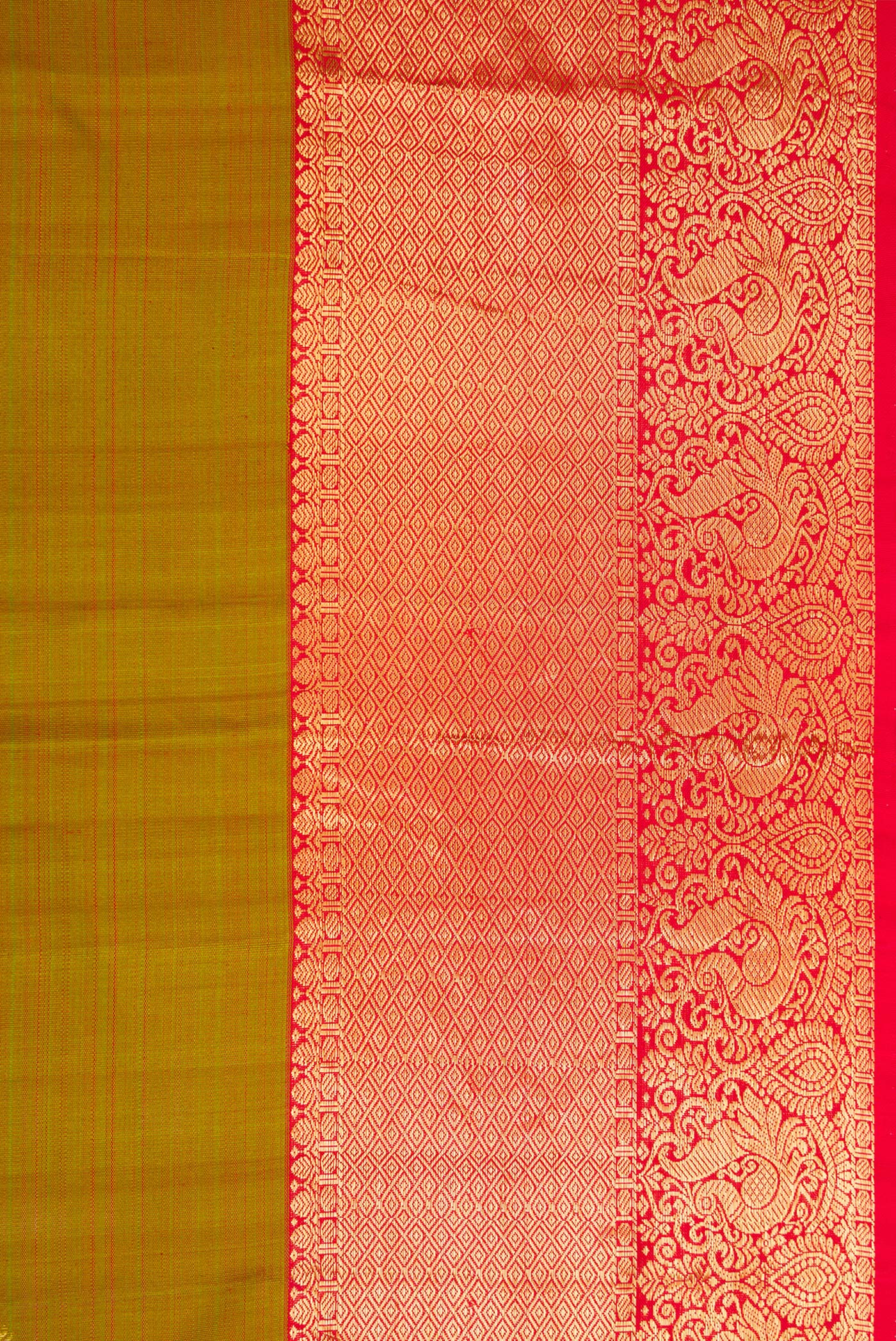 Border image of Mehandi Green Dual Tone Kanjivaram Silk Saree with Zari Butta on the body and Zari Border. 