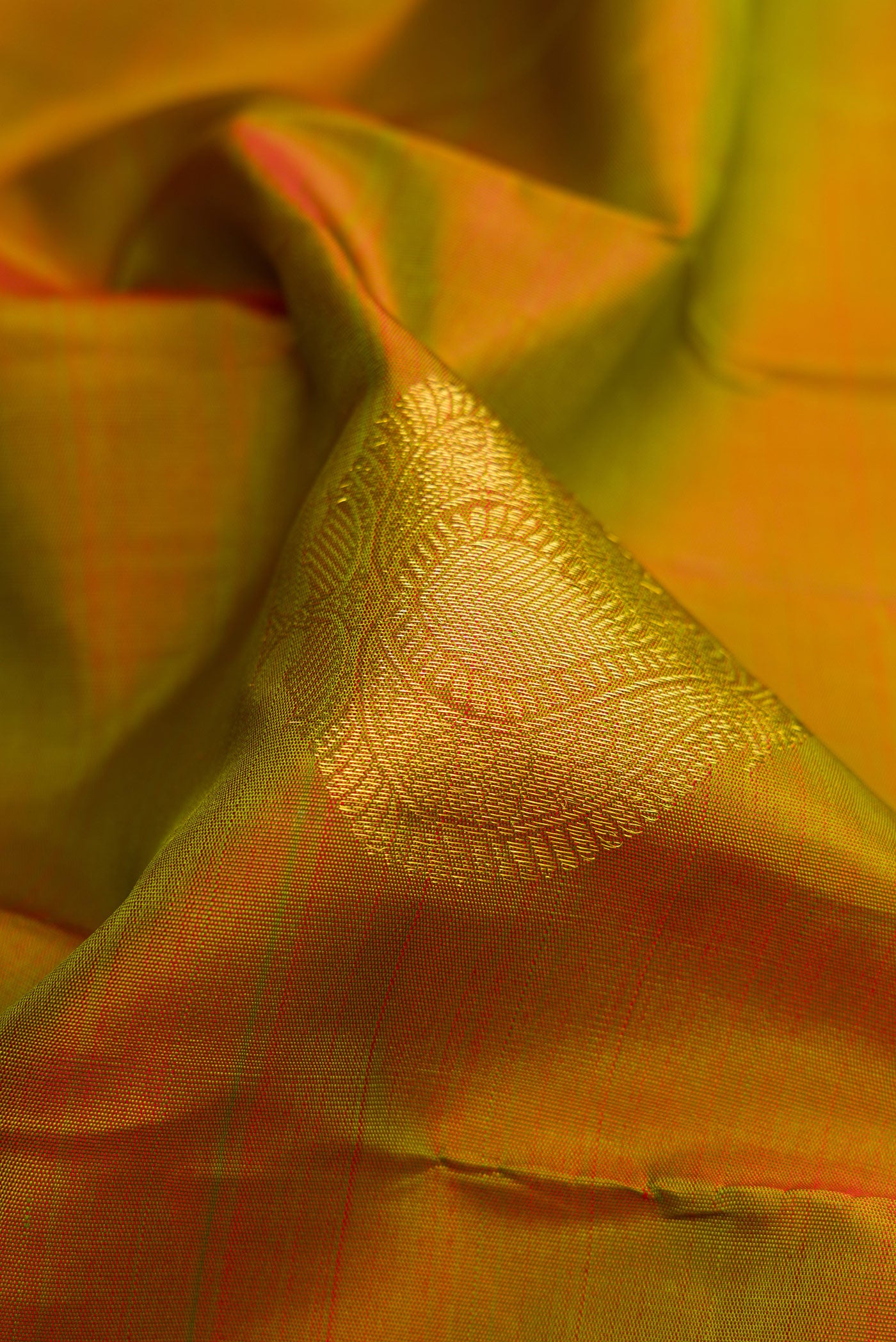 Close up of Mehandi Green Dual Tone Kanjivaram Silk Saree with Zari Butta on the body and Zari Border.  displaying folds