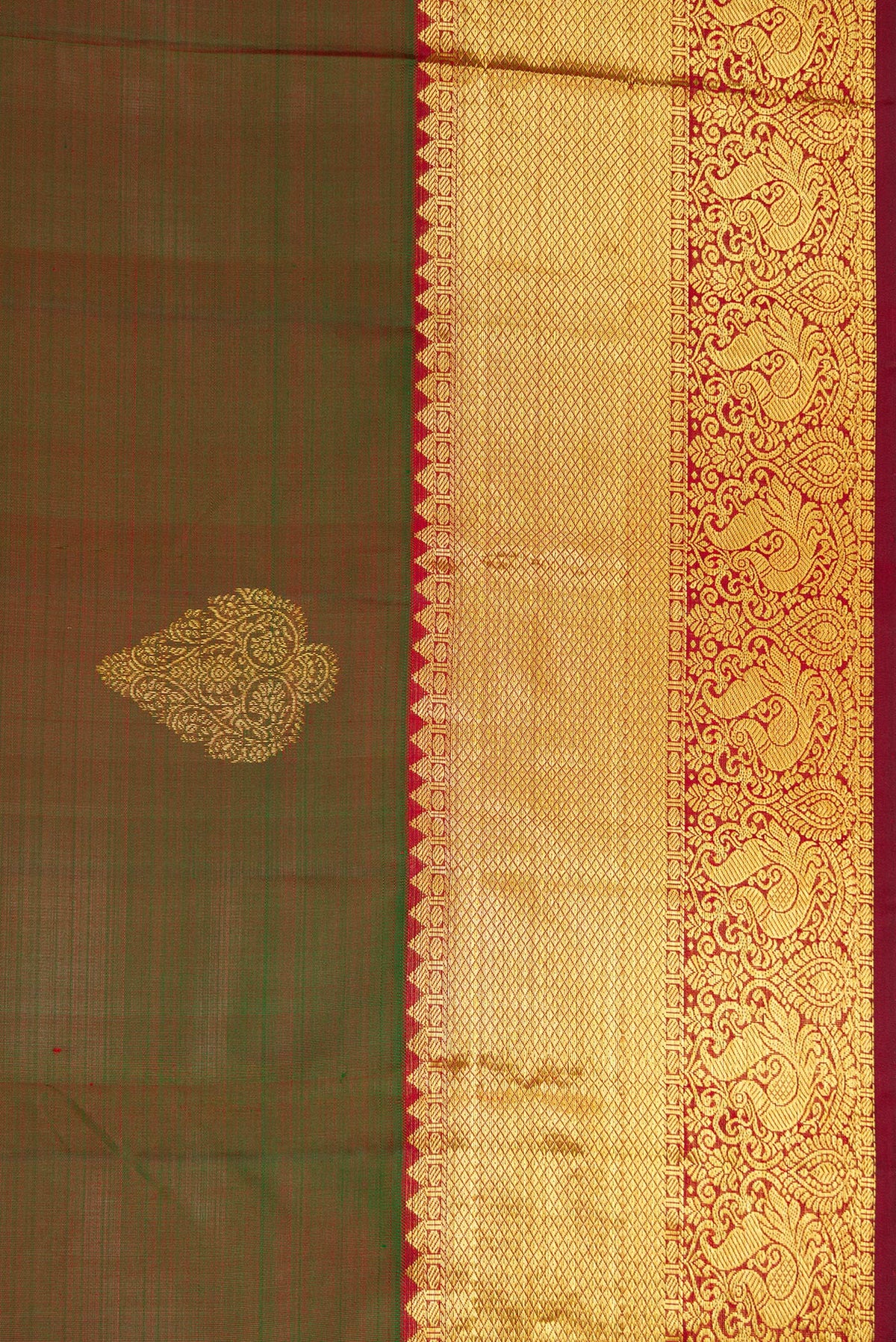 Border image of Mehandi Green Dual Tone Kanjivaram Silk Saree with Zari Butta on the body and Zari Border. 