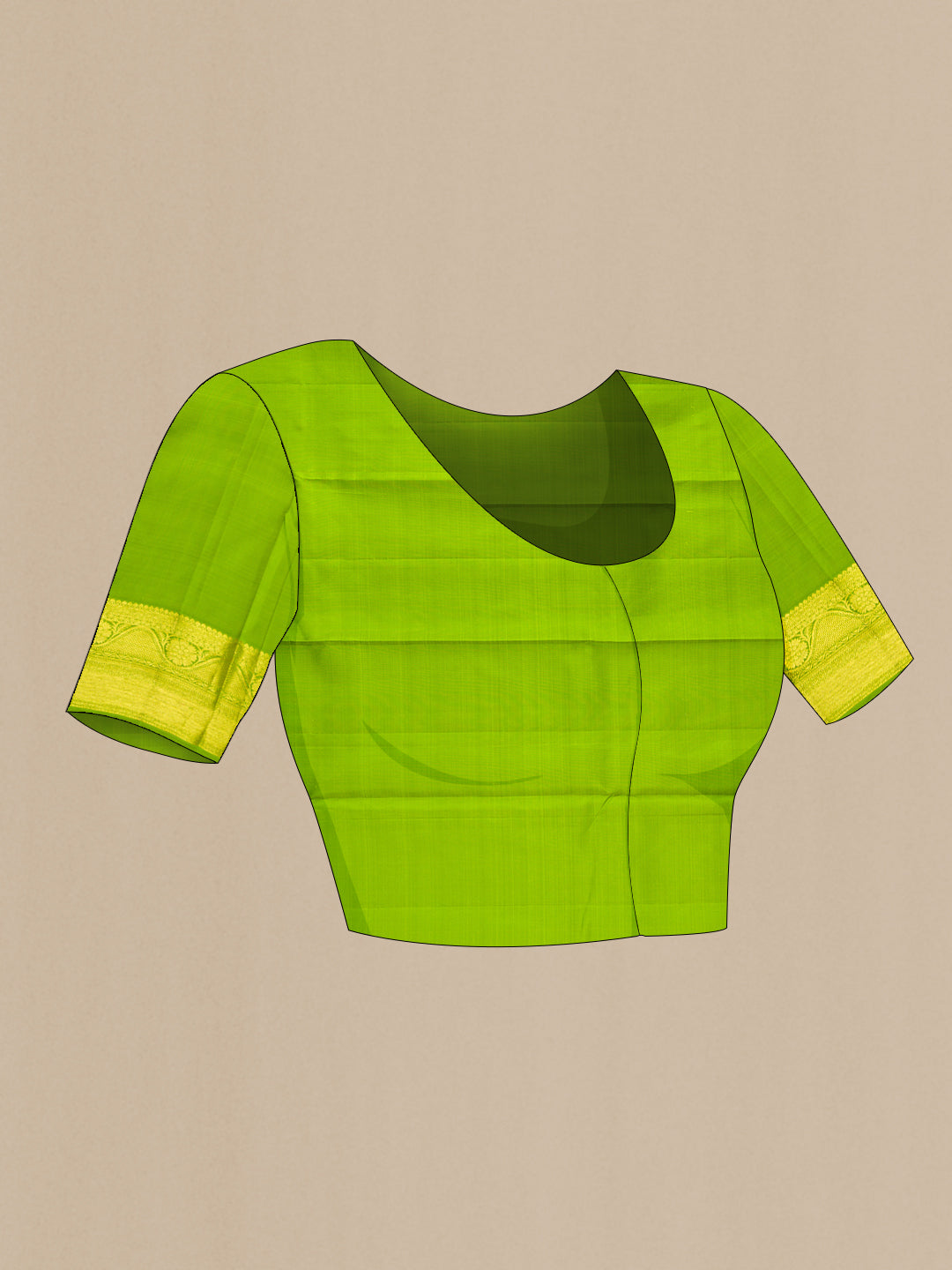 Close up image of the blouse of Parrot Green Kanjivaram Silk Saree with Zari Butta on the body and Zari Border. 