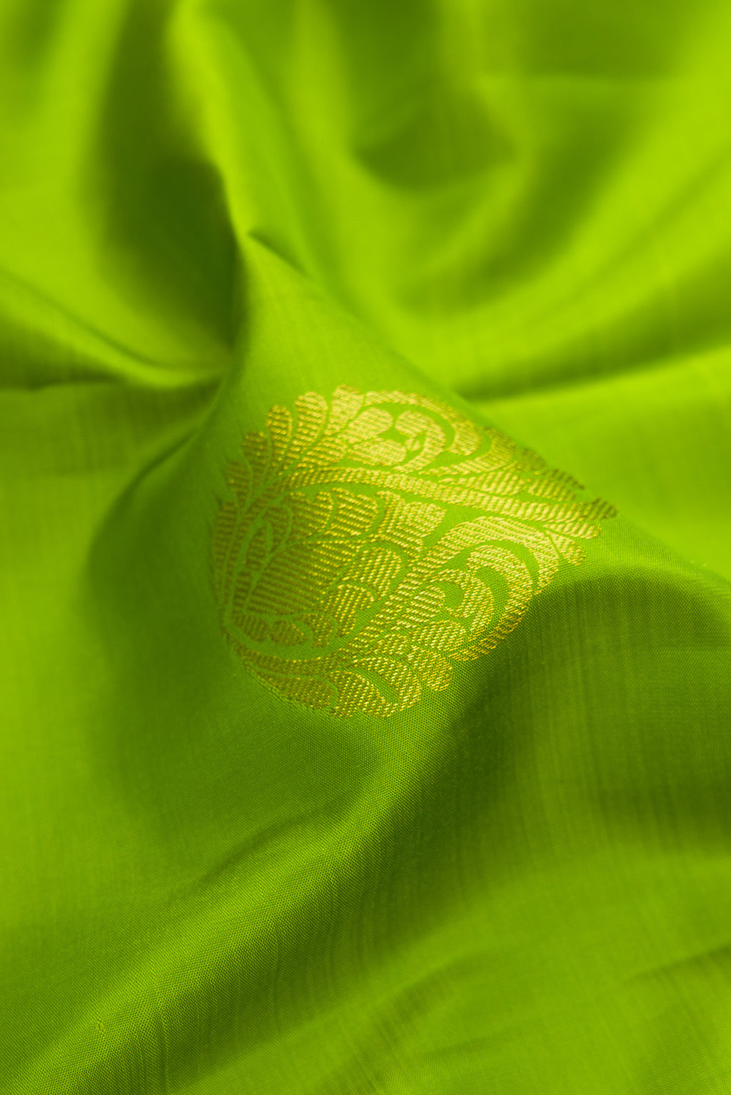 Close up of Parrot Green Kanjivaram Silk Saree with Zari Butta on the body and Zari Border.  displaying folds