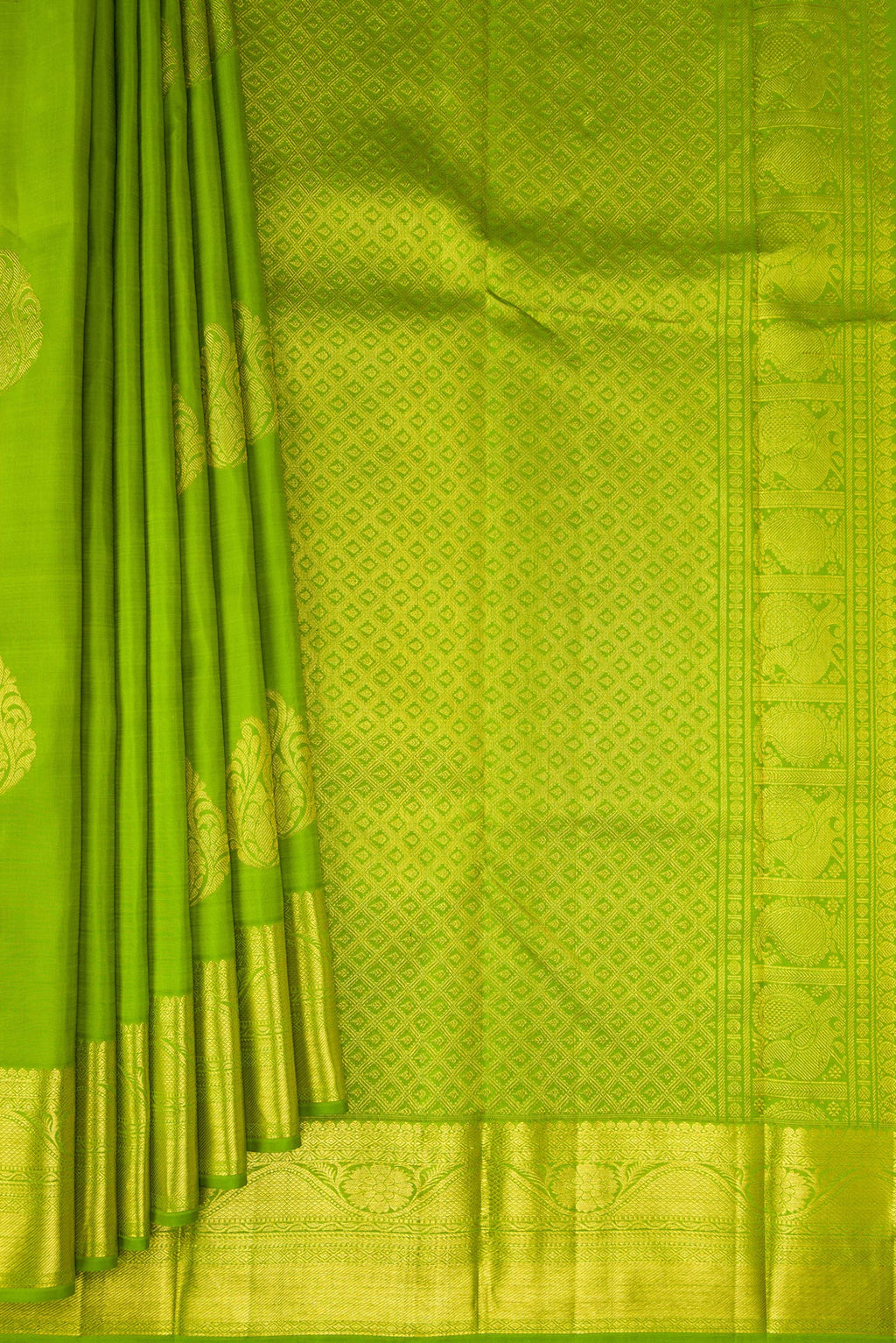 Pleats and pallu of Parrot Green Kanjivaram Silk Saree with Zari Butta on the body and Zari Border. 