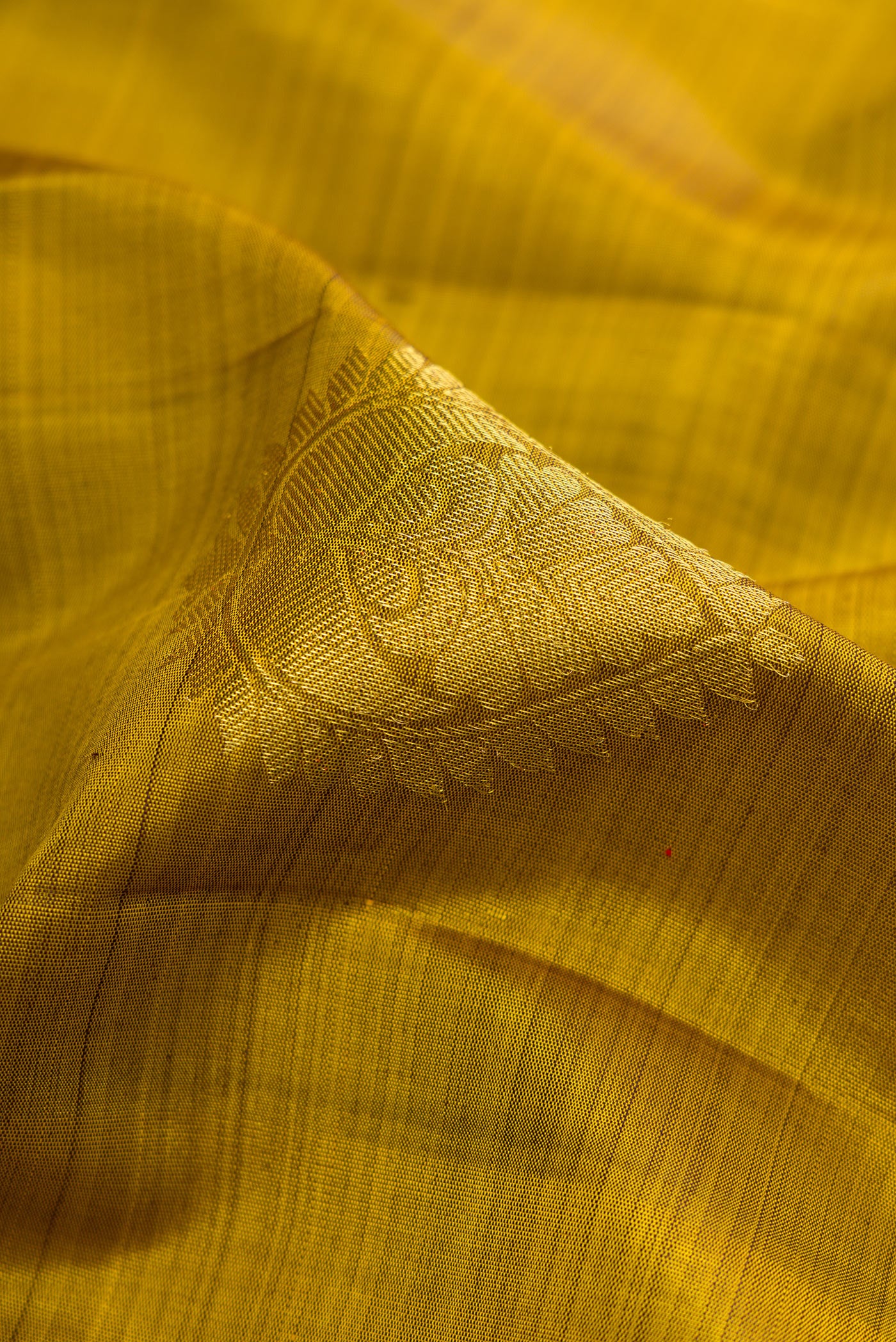Close up of Mehandi Green Dual Tone Kanjivaram Silk Saree with Zari Butta on the body and Zari Border.  displaying folds