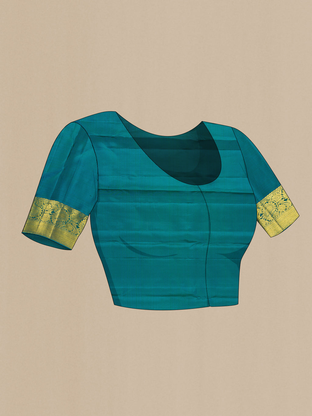Close up image of the blouse of Teal Dual Tone Kanjivaram Silk Saree with Zari Butta on the body and Zari Border. 