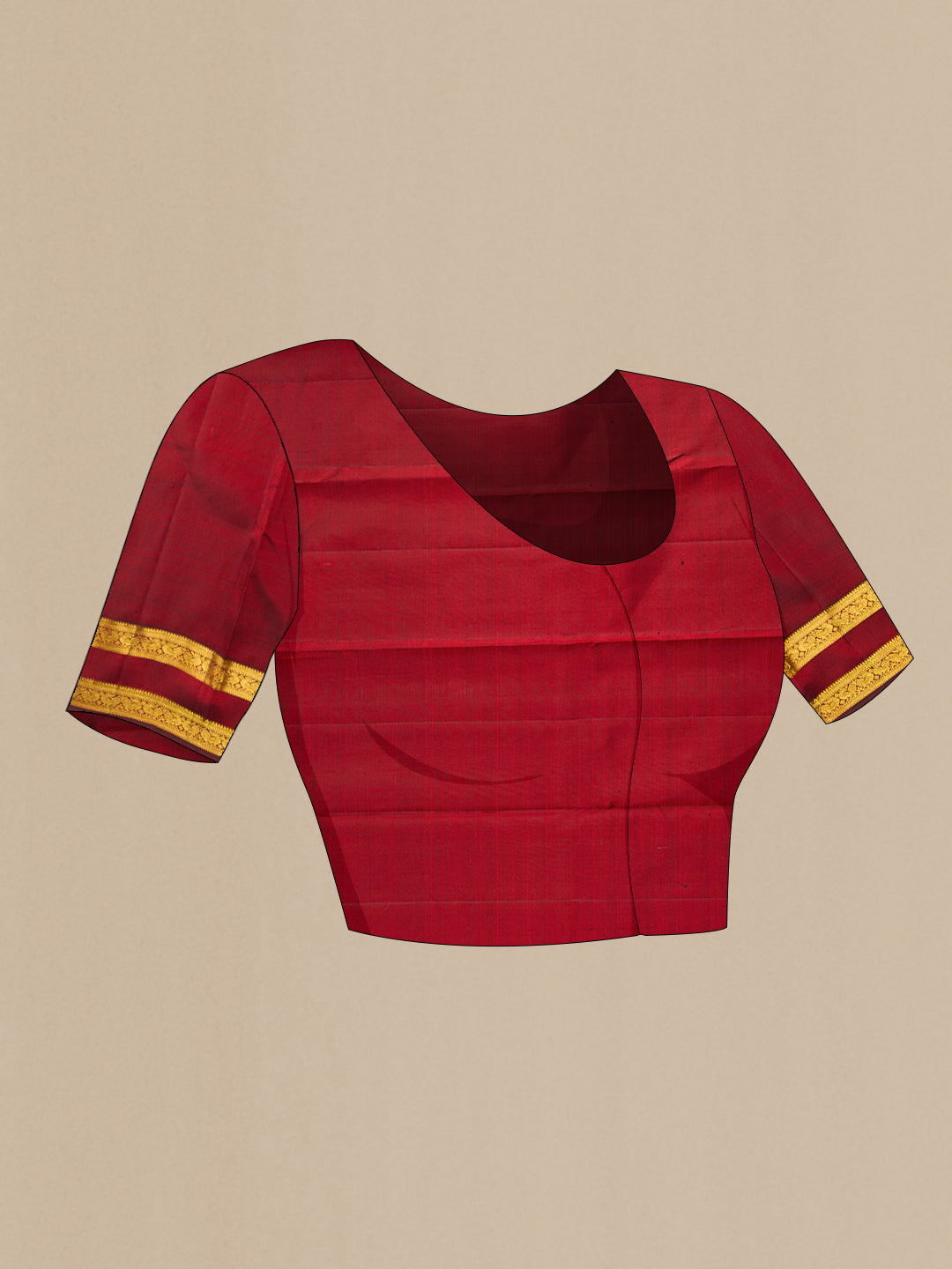 Close up image of the blouse of Maroon Kanjivaram Silk Saree with Zari Butta on the body and Zari Border. 