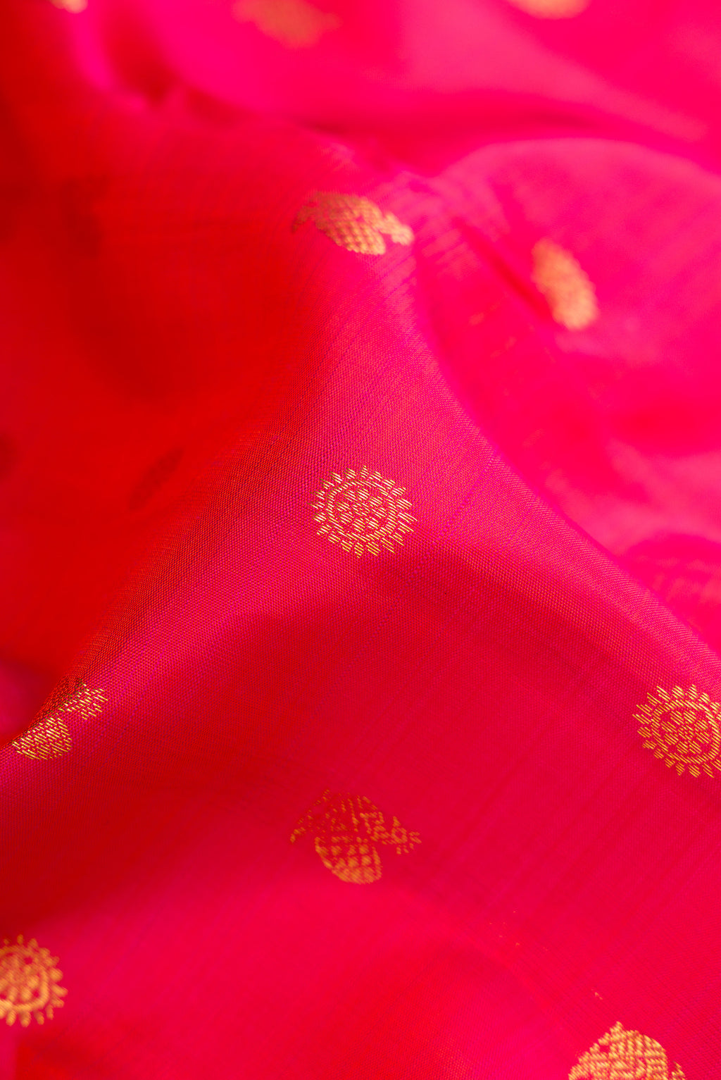 Close up of Pink with Red Color Kanjivaram Silk Saree with Zari Butta on the body and Zari Border.  displaying folds