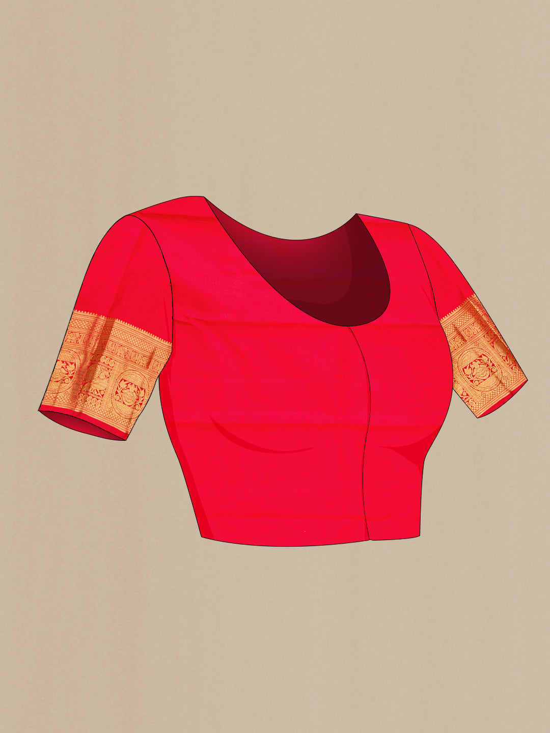 Close up image of the blouse of Pure Silk Pure Zari Red Dual Tone Kanjivaram Saree with Zari Brocade on the body and Zari Border. 