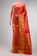 Pure Silk Pure Zari Red Dual Tone Kanjivaram Saree with Zari Brocade on the body and Zari Border.  displayed on a mannequin