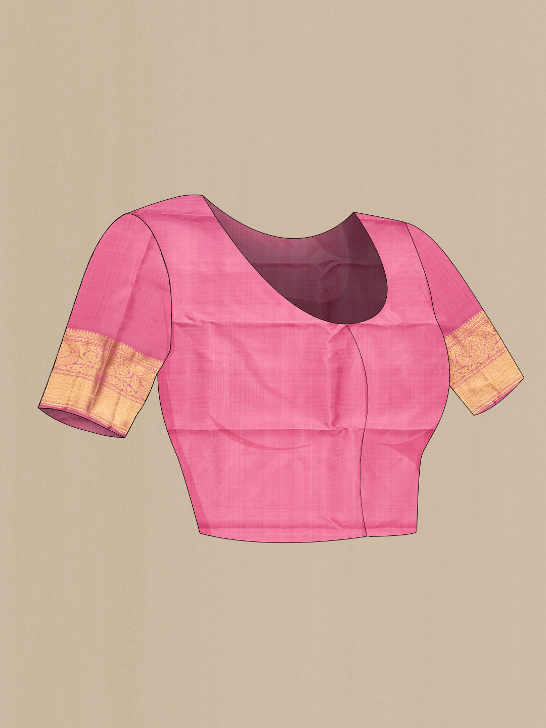 Close up image of the blouse of Pure Silk Pure Zari Pink Dual Tone Kanjivaram Saree with Zari Brocade on the body and Zari Border. 