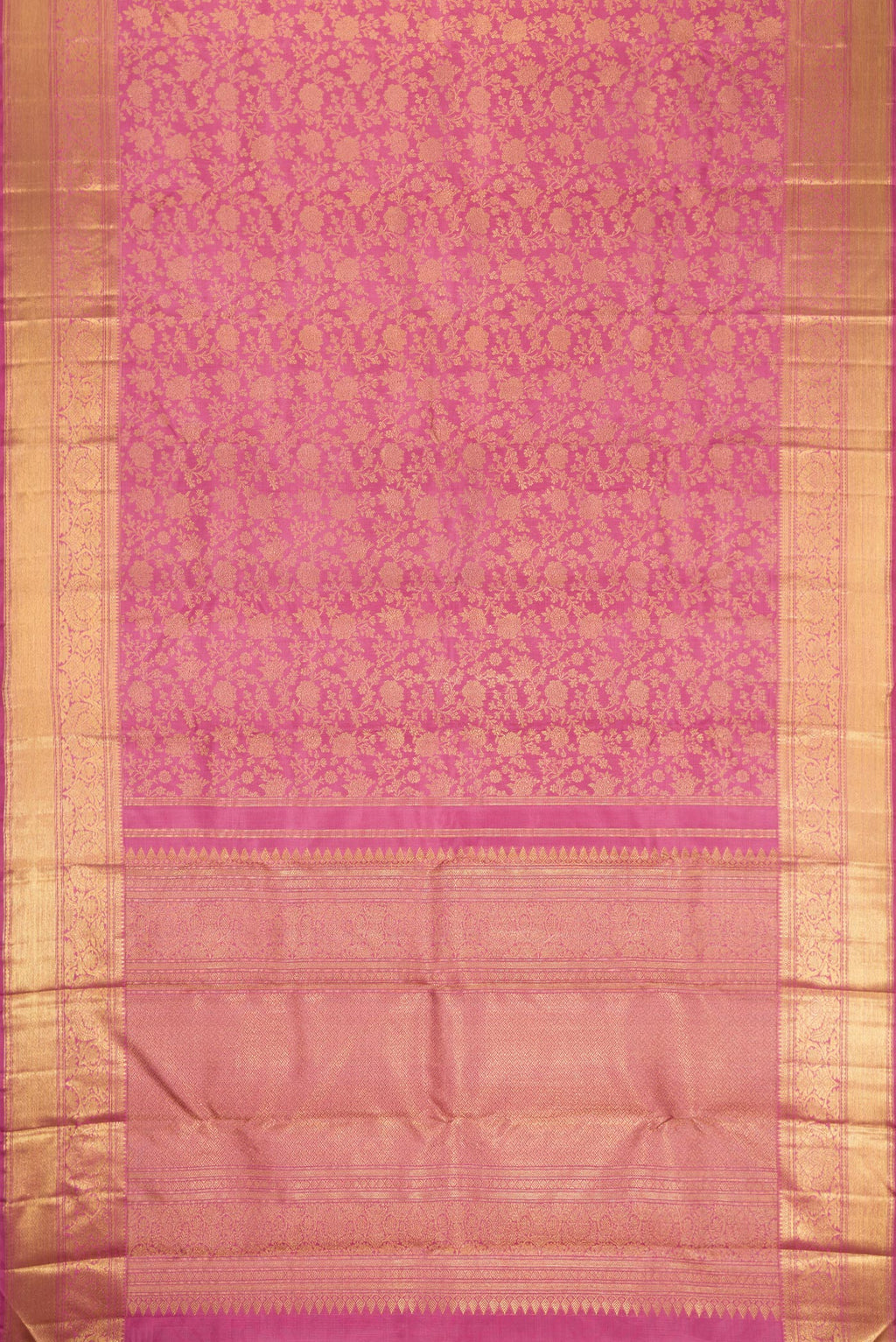 Flat view of Pure Silk Pure Zari Pink Dual Tone Kanjivaram Saree with Zari Brocade on the body and Zari Border. 
