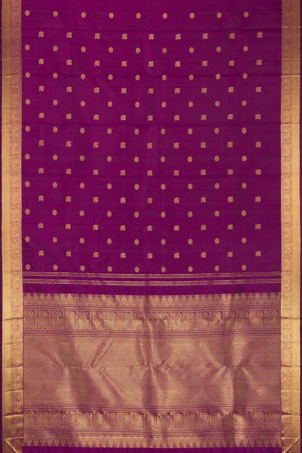 Flat view of Pure Silk Pure Zari Purple Dual Tone Kanjivaram Saree with Zari Butta on the body and Zari Border. 