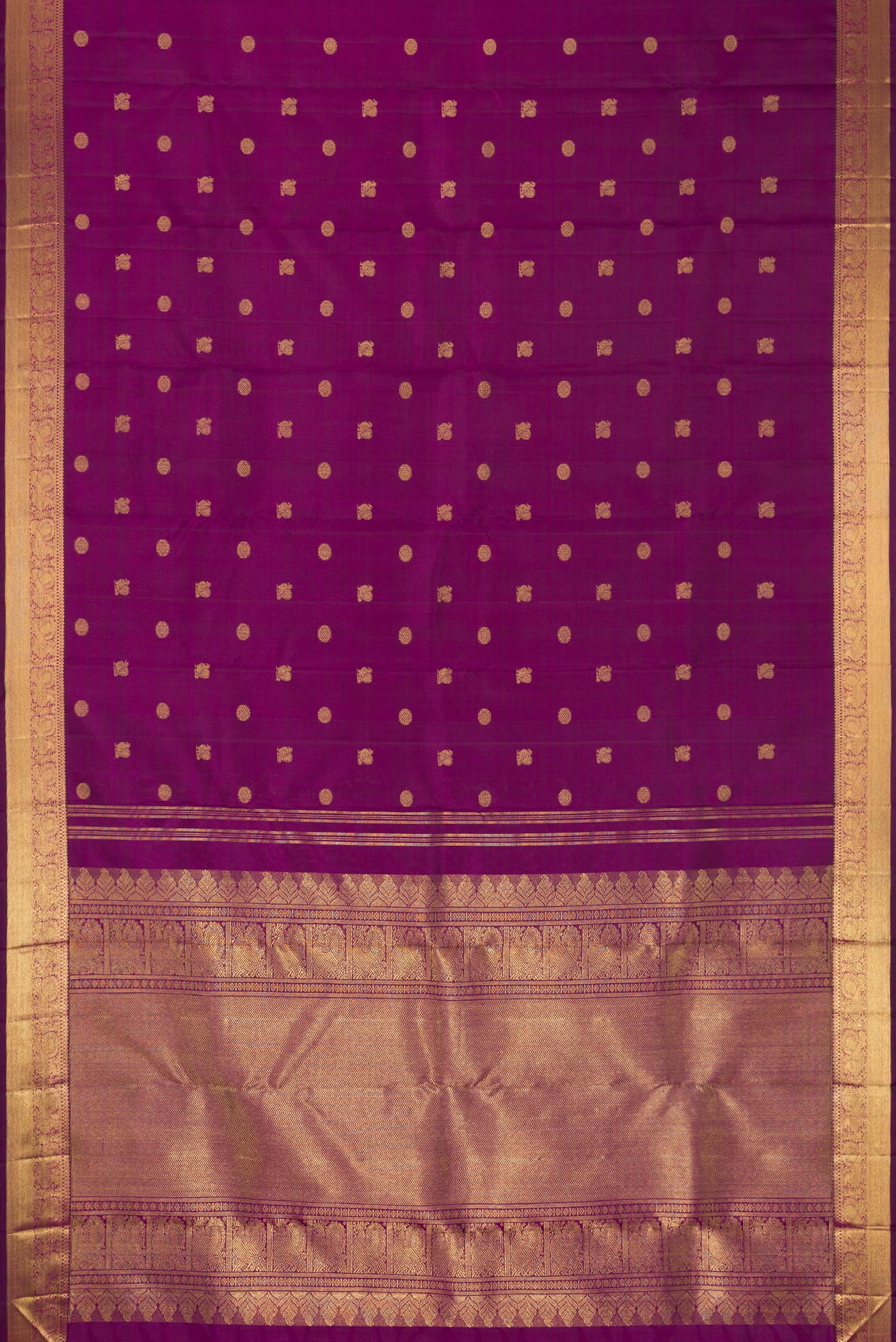 Flat view of Pure Silk Pure Zari Purple Dual Tone Kanjivaram Saree with Zari Butta on the body and Zari Border. 