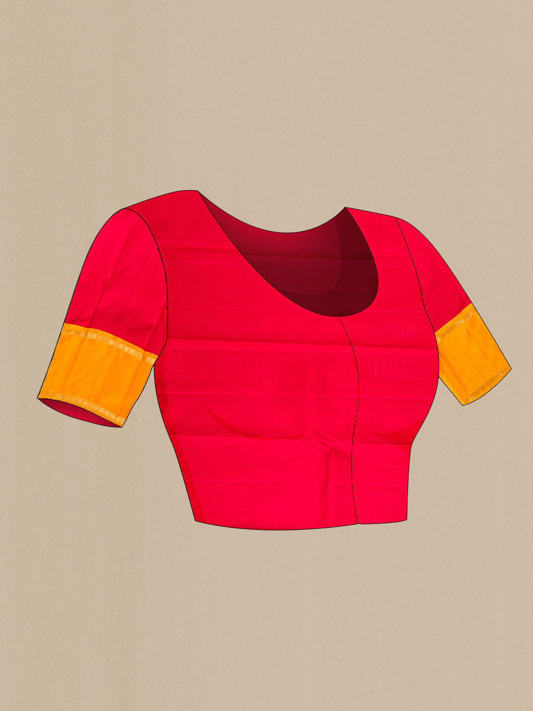 Close up image of the blouse of Red Dual Tone Kanjivaram Silk Saree with Zari Butta on the body and Ganga Jamuna Border. 