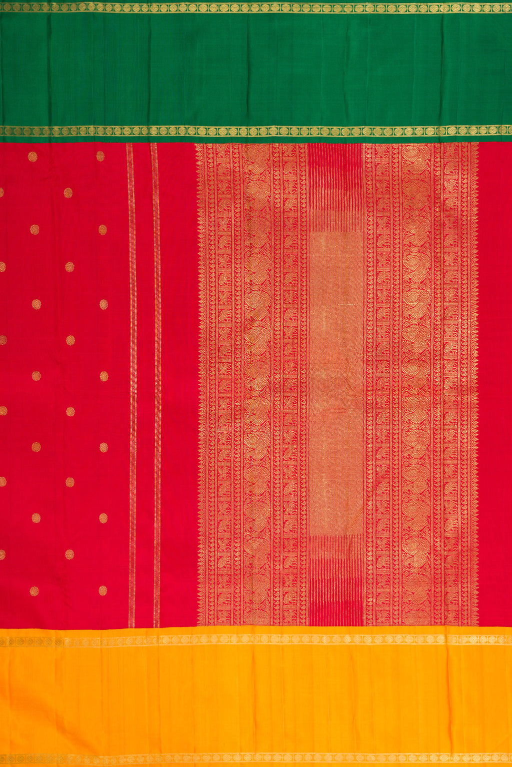 Close up image of the pallu of Red Dual Tone Kanjivaram Silk Saree with Zari Butta on the body and Ganga Jamuna Border. 