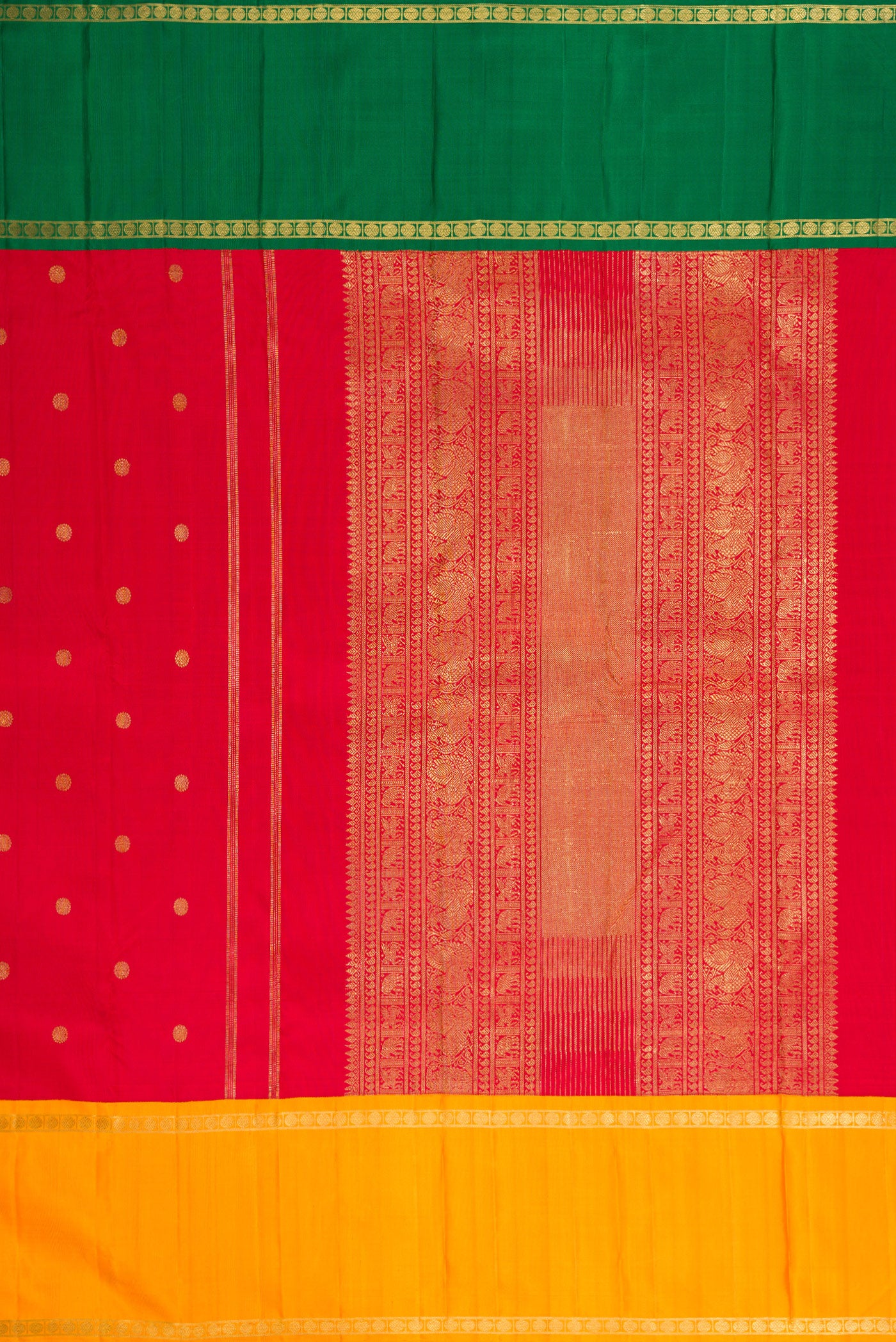 Close up image of the pallu of Red Dual Tone Kanjivaram Silk Saree with Zari Butta on the body and Ganga Jamuna Border. 