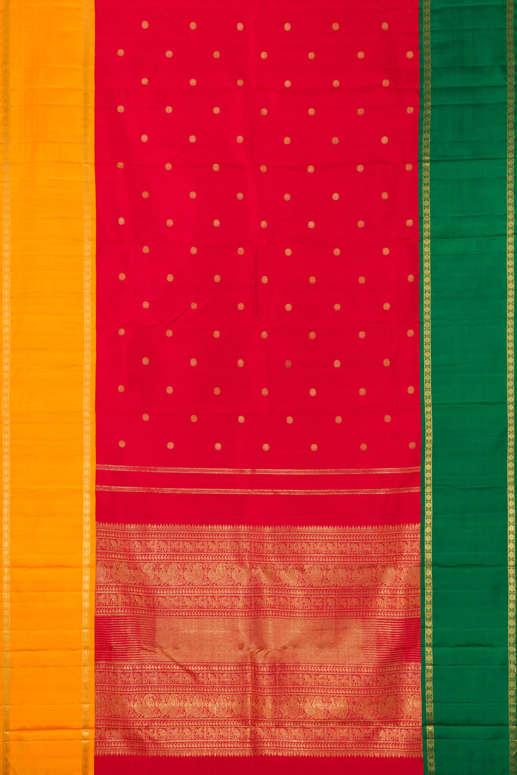 Flat view of Red Dual Tone Kanjivaram Silk Saree with Zari Butta on the body and Ganga Jamuna Border. 