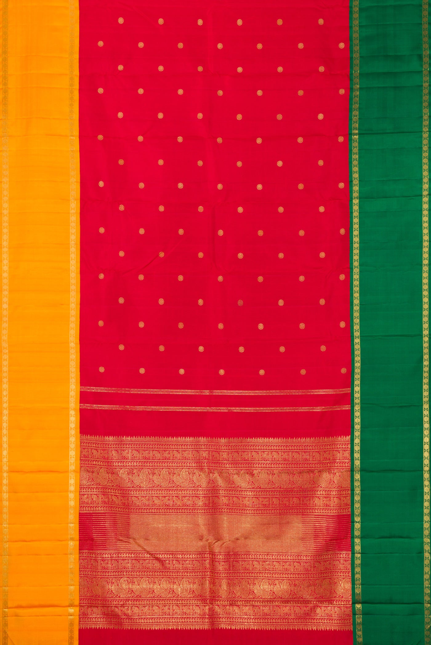 Flat view of Red Dual Tone Kanjivaram Silk Saree with Zari Butta on the body and Ganga Jamuna Border. 