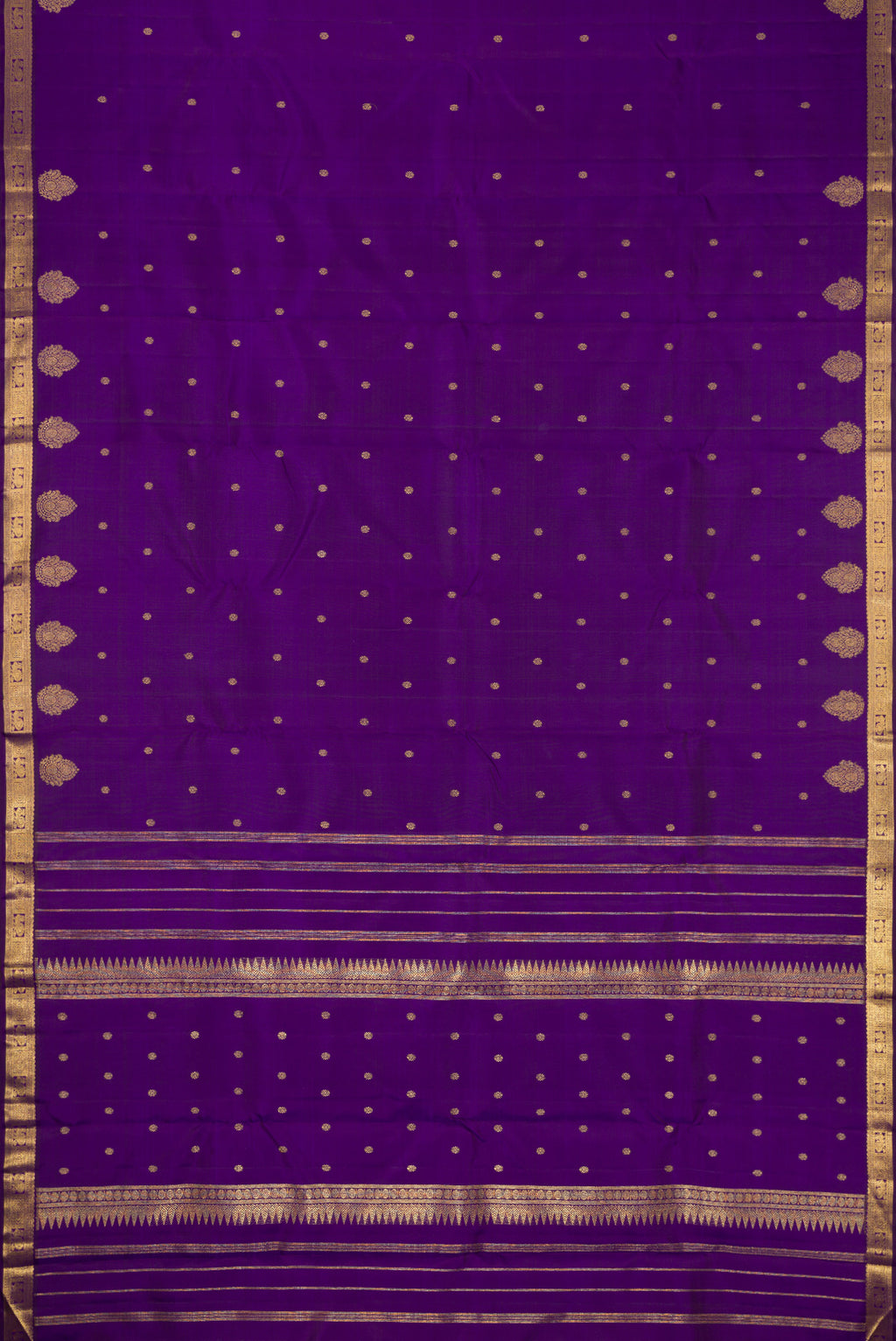 Flat view of Pure Silk Pure Zari Royal Blue Dual Tone Kanchipuram Saree with Zari Butta on the body and Zari Border. 