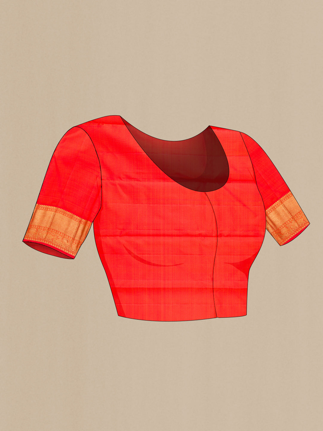 Close up image of the blouse of Pure Silk Pure Zari Orange Dual Tone Kanjivaram Saree with Zari Butta on the body and Zari Border. 